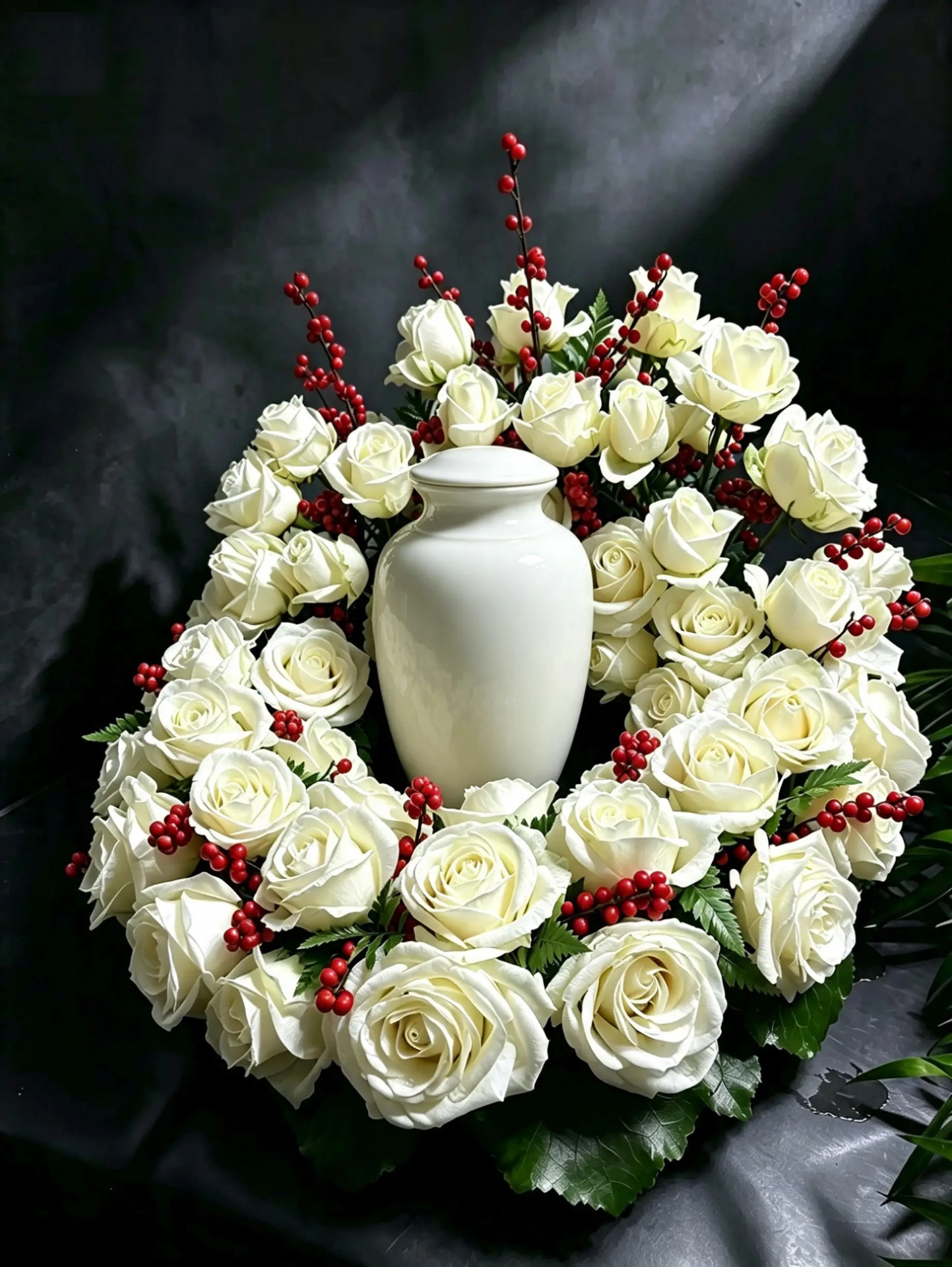 Erhöhter Urnenkranz aus weißen Rosen und roten Beeren mit weißer Urne