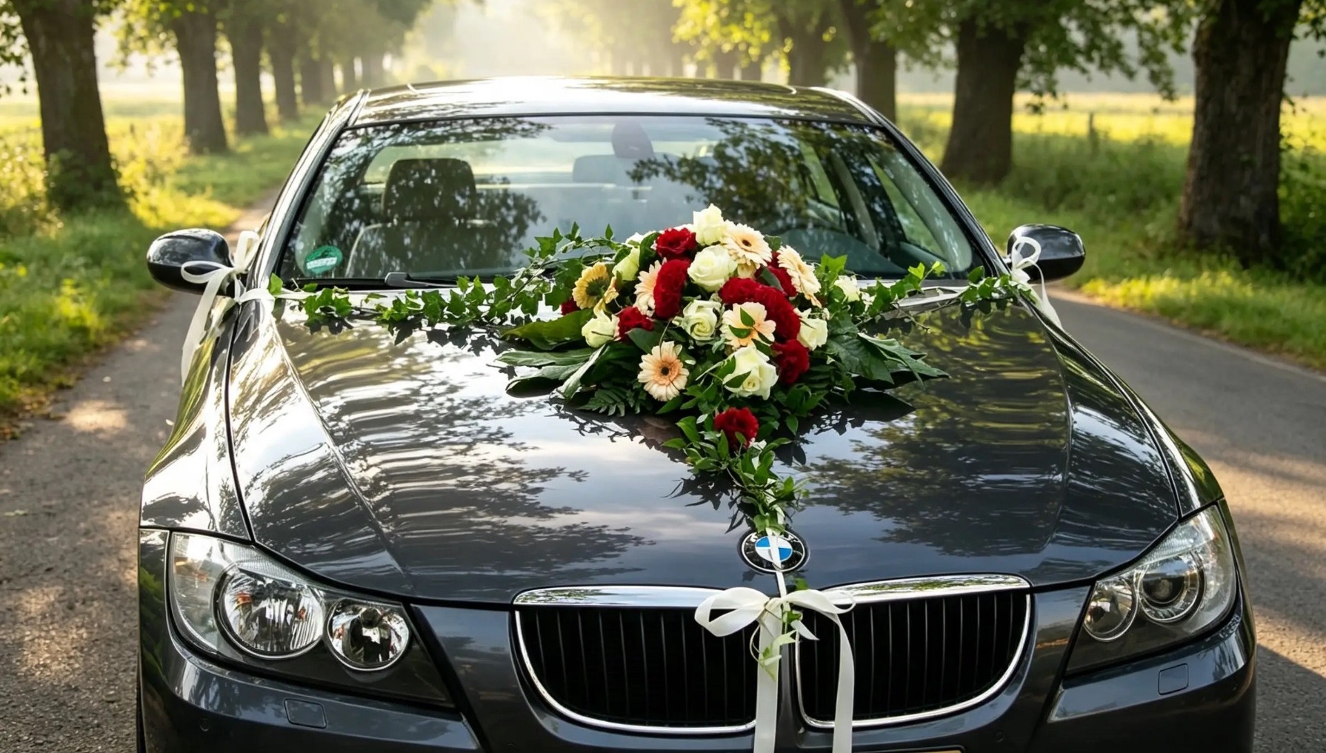 Rot-cremefarbenes Blumengesteck mit Efeuranken auf einem dunklen Hochzeitsauto