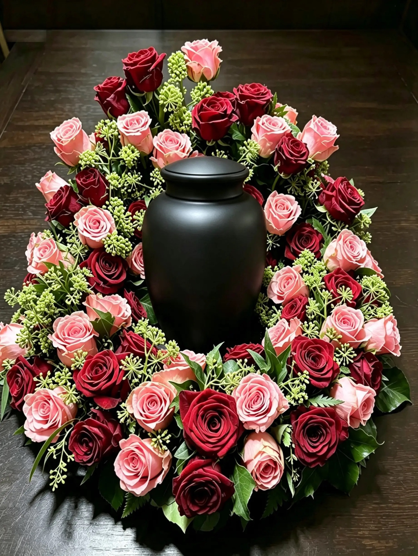 Erhöhter Urnenkranz aus rosa und burgunderfarbenen Rosen mit schwarzer Urne
