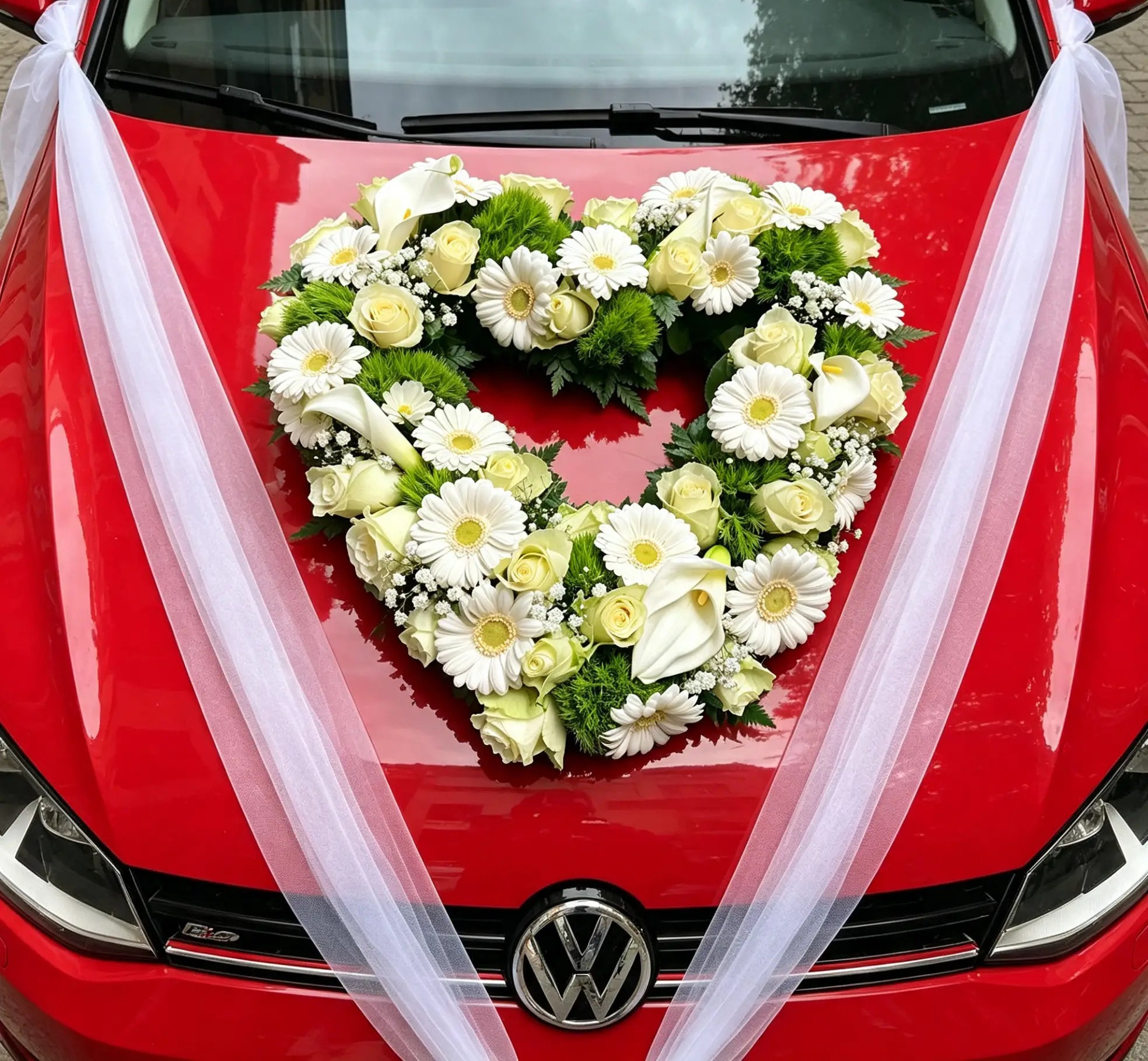 Weißer herzförmiger Autoschmuck mit Rosen, Gerbera und Calla auf einem roten Wagen