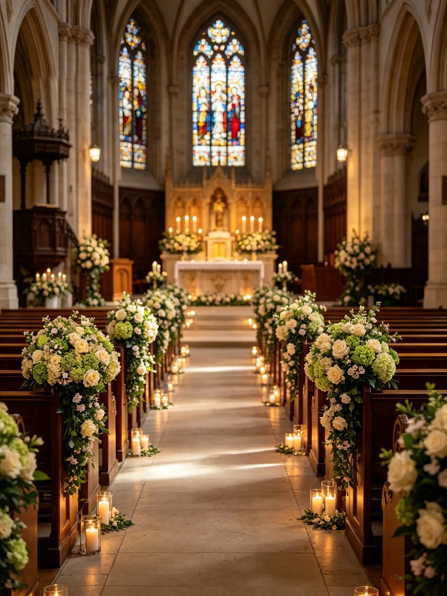 Kirchenschiff mit weiß-grünem Blumenschmuck und Kerzen entlang des Mittelgangs