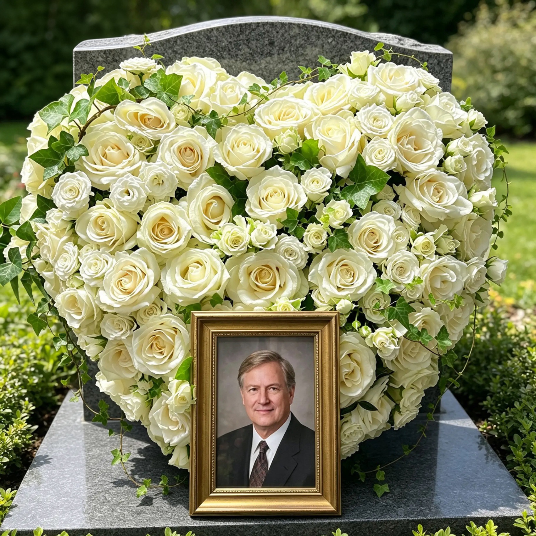 Geschlossenes Herz aus weißen Rosen mit Efeu am Grab