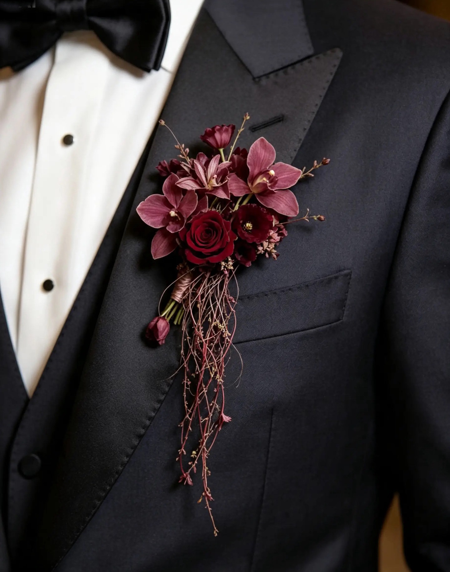 Ausdrucksstarker Anstecker aus burgunderroten Rosen und Orchideen