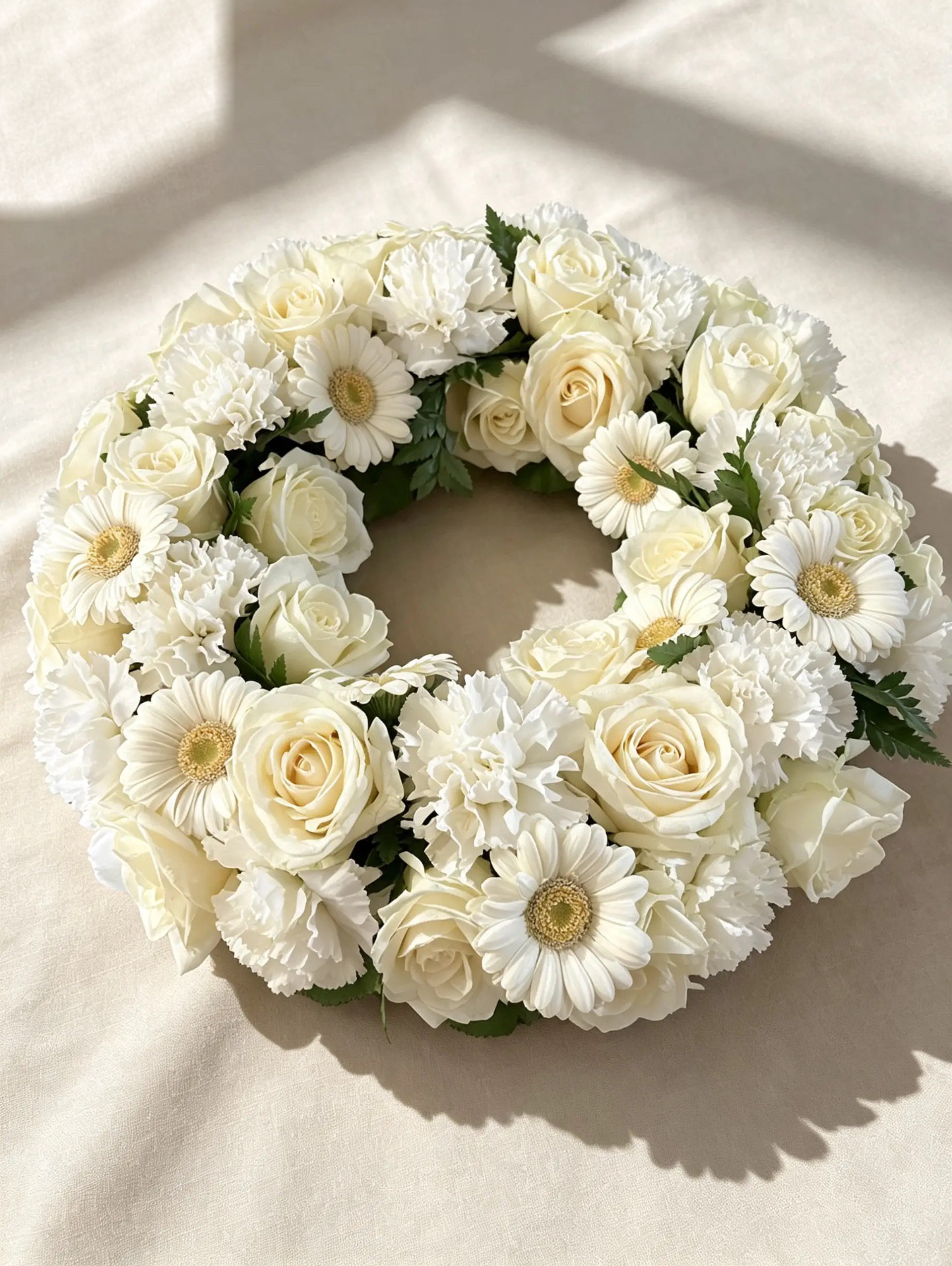 Trauerkranz ganz in Weiß mit Rosen, Nelken und Gerbera
