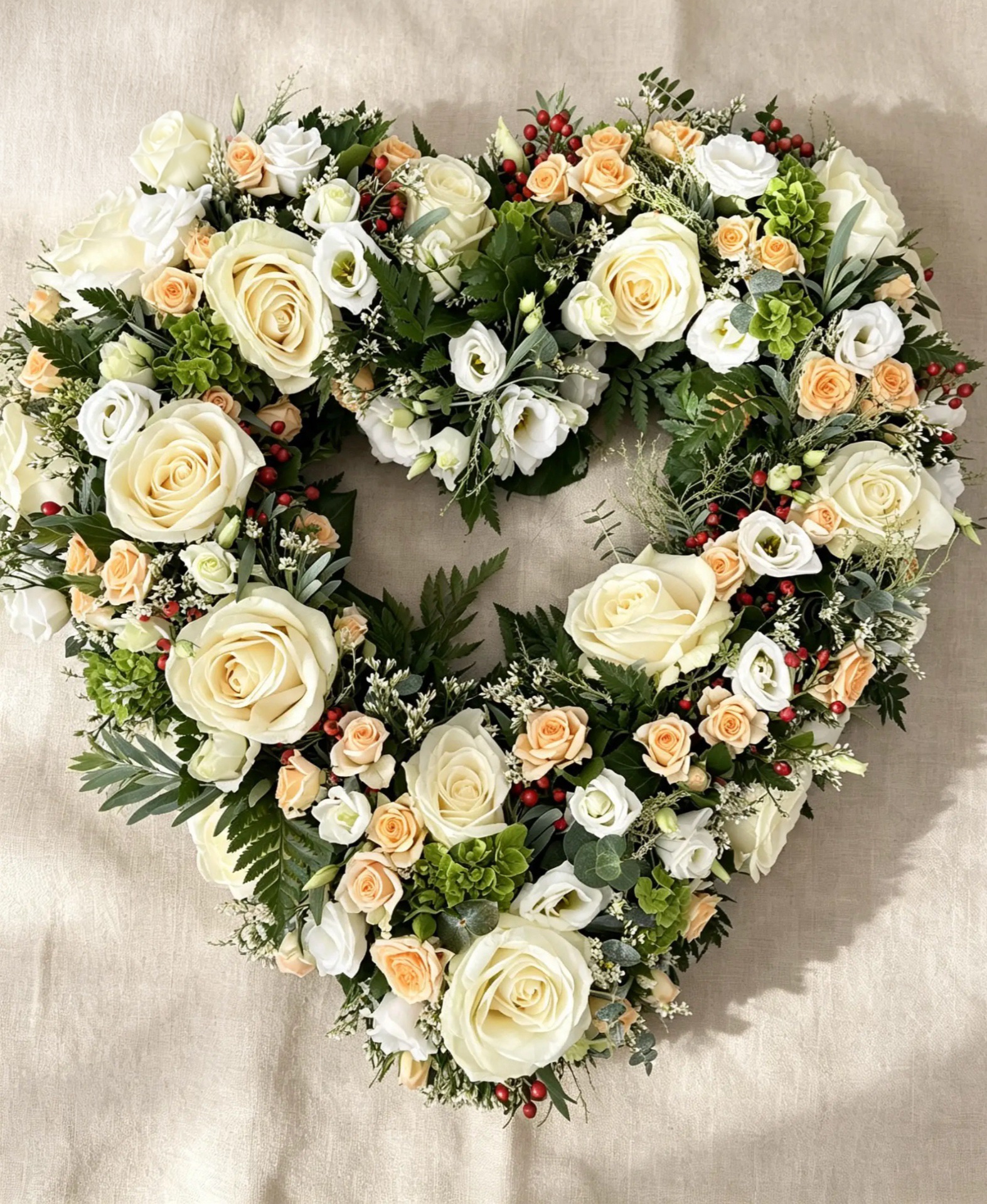Offenes Herz aus apricotfarbenen Rosen mit Chrysanthemen