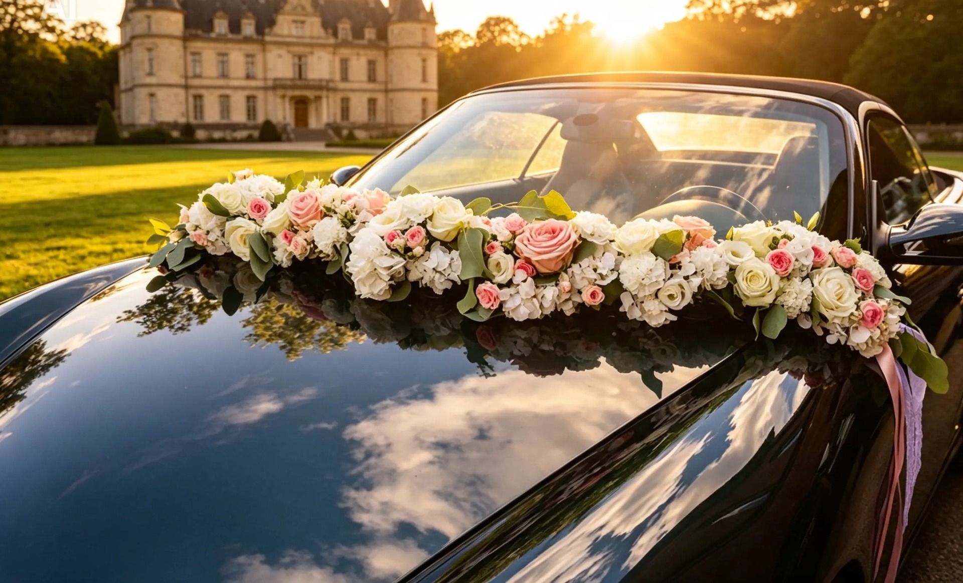 Üppige Girlande aus weißen und rosafarbenen Rosen über der Windschutzscheibe eines Cabrios
