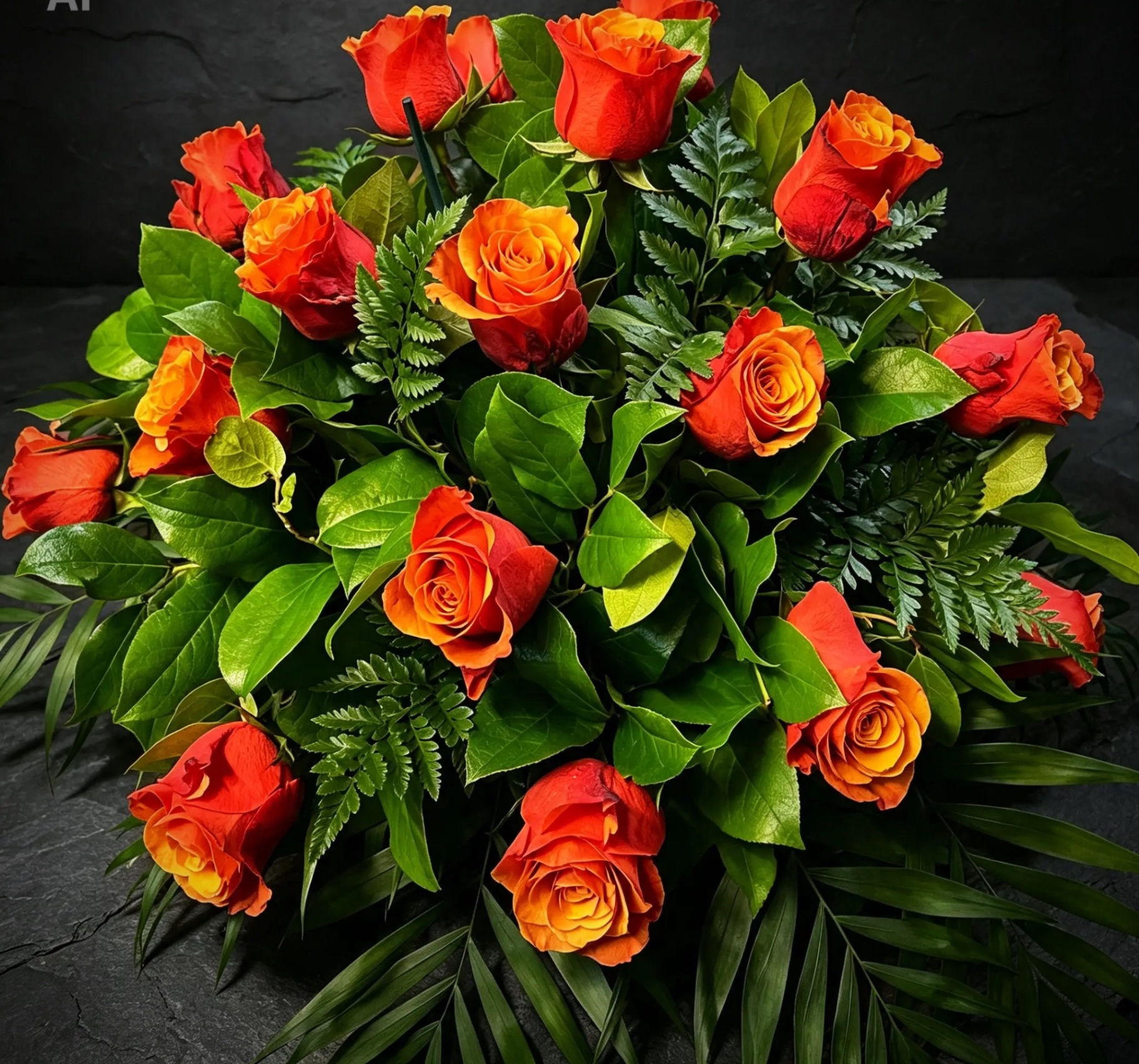 Kirchenschmuck aus orangefarbenen Rosen und Farn