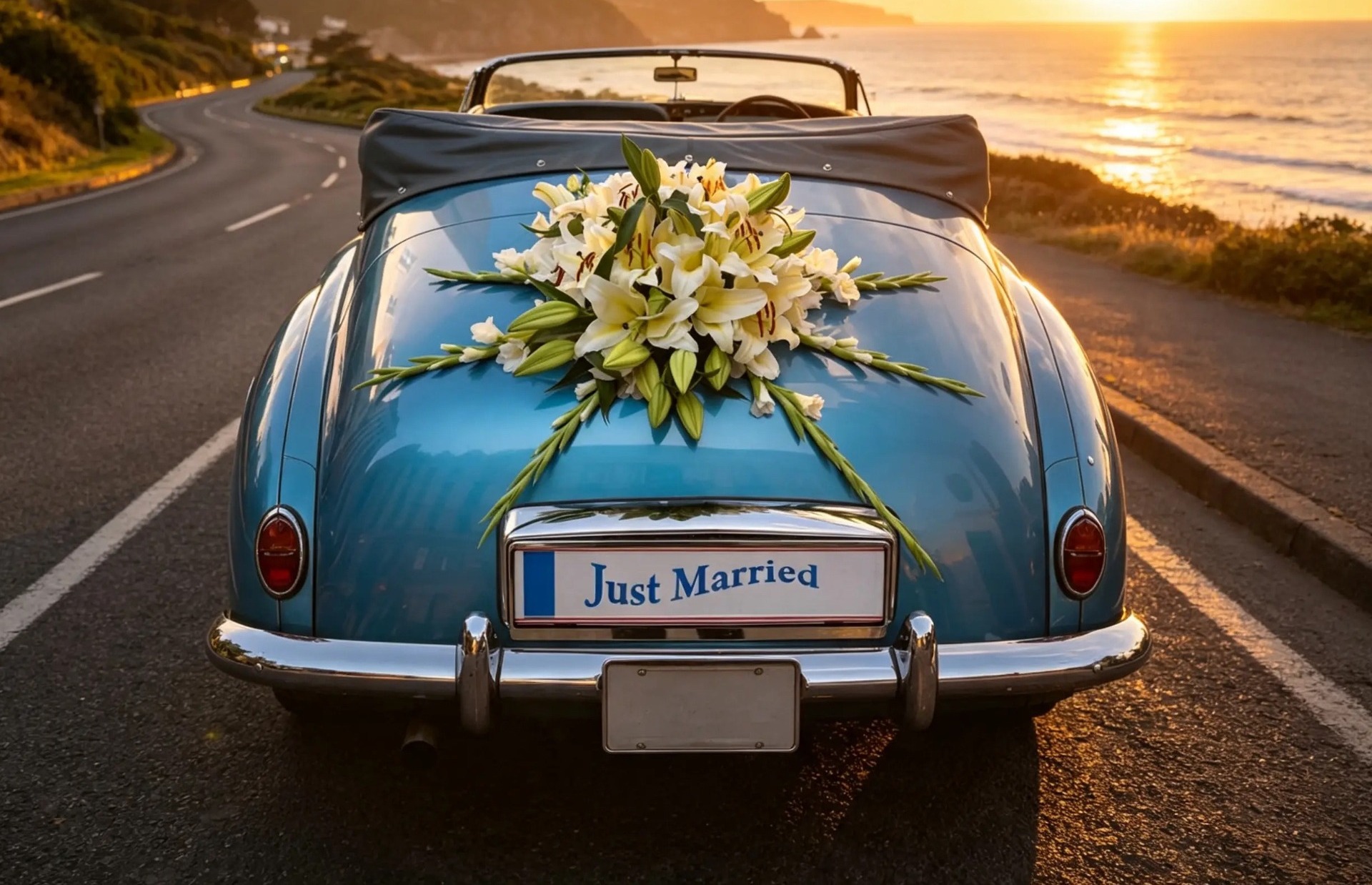 Weißer Lilienschmuck am Heck eines blauen Hochzeitscabrios