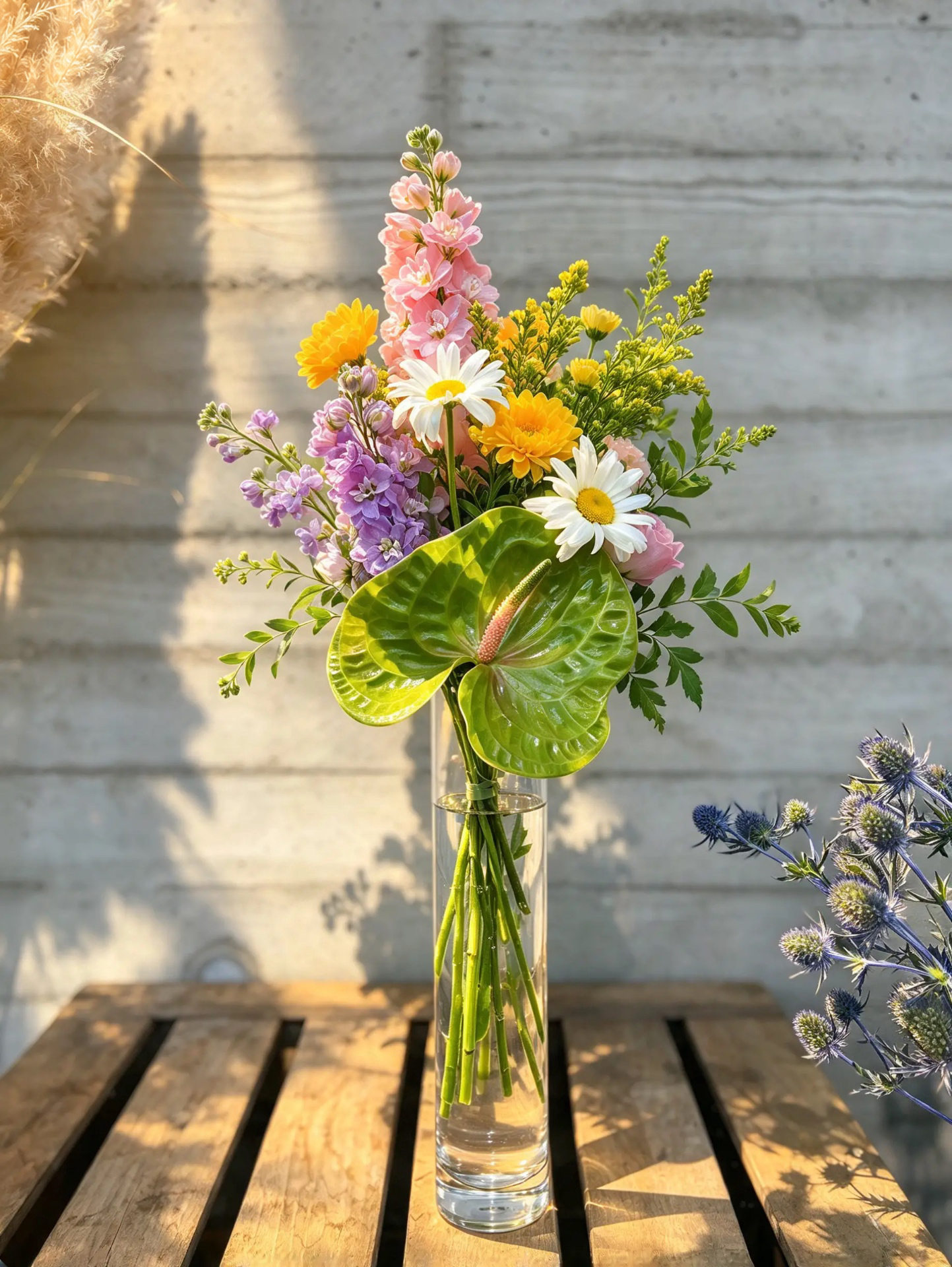 Kleiner farbenfroher Strukturstrauß mit Anthurie und Margeriten