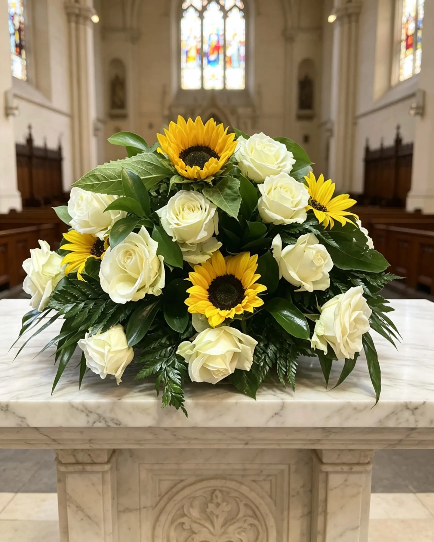 Altargesteck aus weißen Rosen und Sonnenblumen
