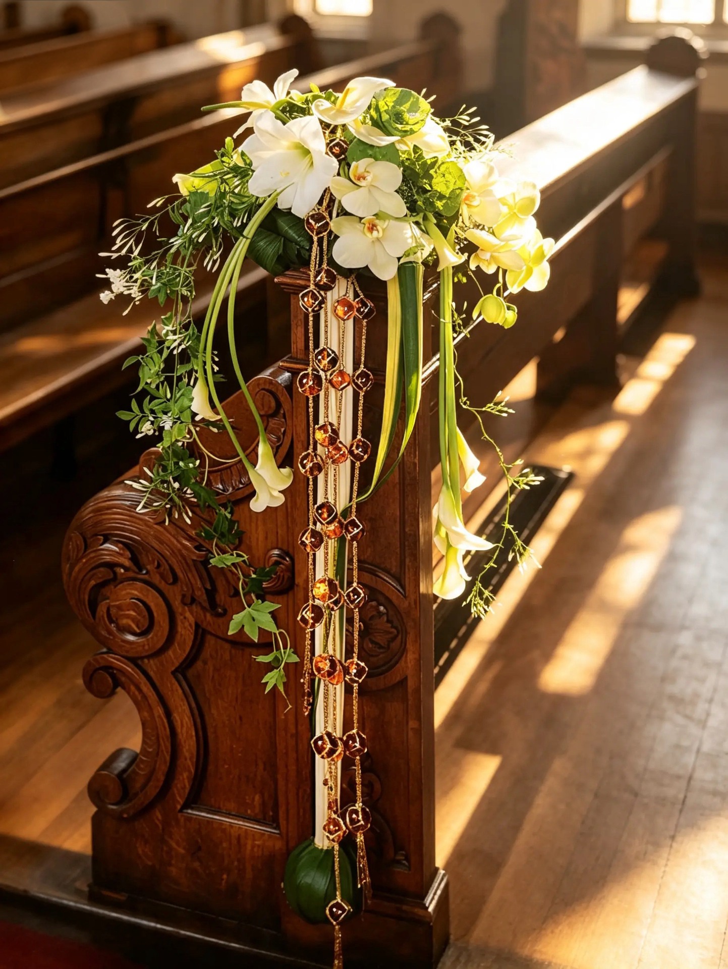 Kirchenbankschmuck aus weißen Orchideen, Calla, Grün und bernsteinfarbenen Zierketten