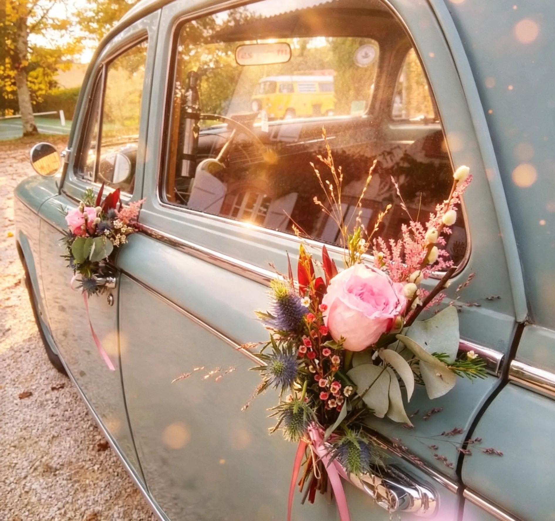 Kleine natürliche Blumensträuße an den Türen eines hellblauen Oldtimers