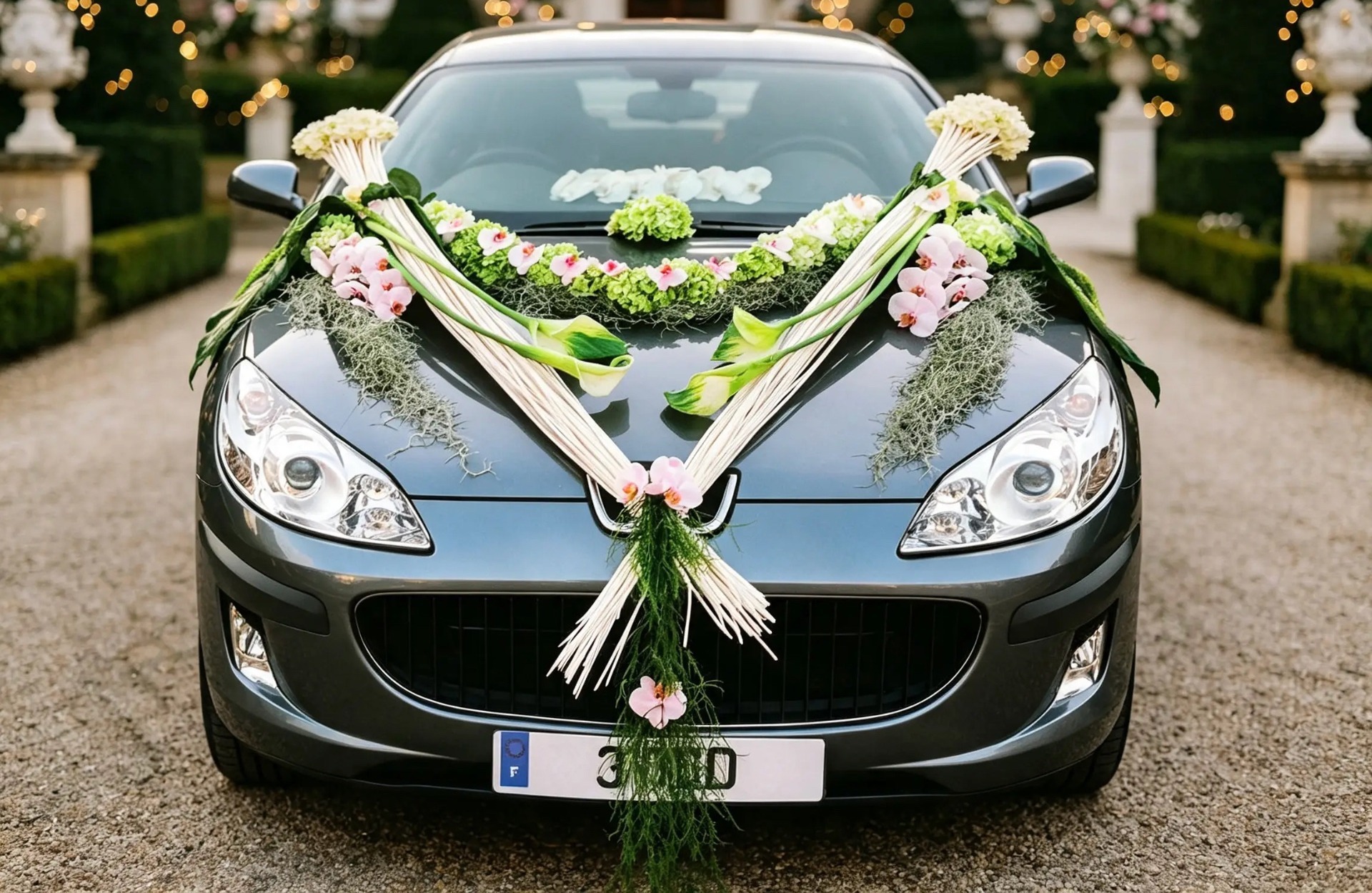Eleganter Autoschmuck aus Orchideen, Calla und dekorativen Ranken