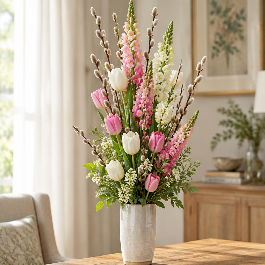 Hohes Frühlingsgesteck mit Weidenkätzchen und Tulpen