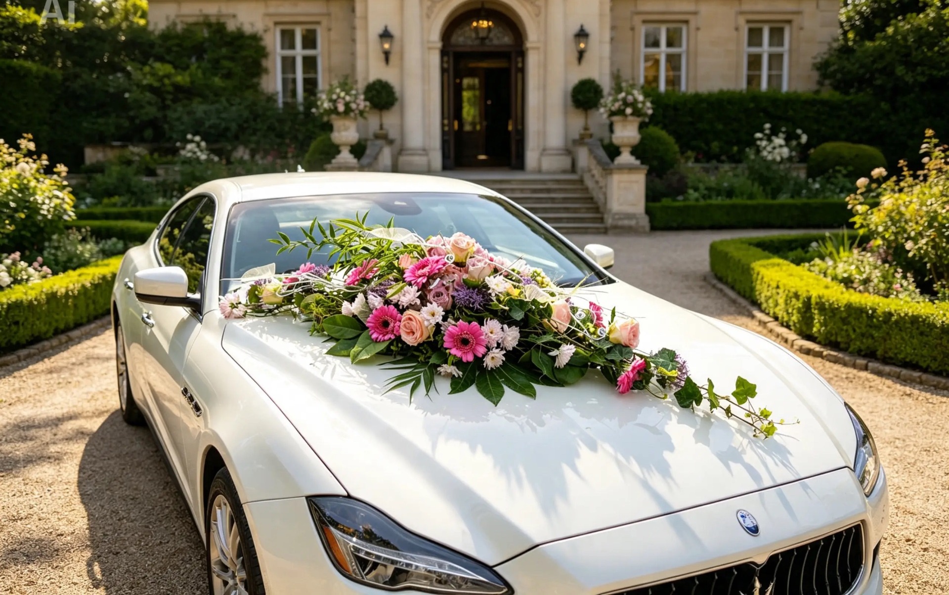 Locker gebundener Autoschmuck in Rosa und Weiß auf einer weißen Motorhaube
