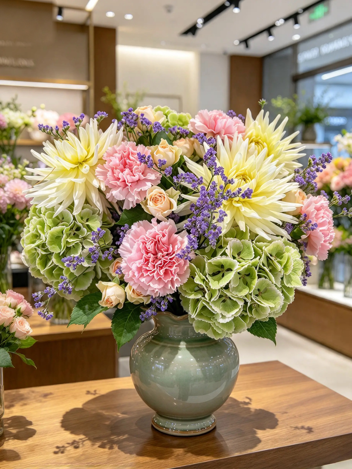 Mittelgroßer runder Strauß mit gelben Dahlien, rosa Nelken und grünen Hortensien in einer grünen Vase