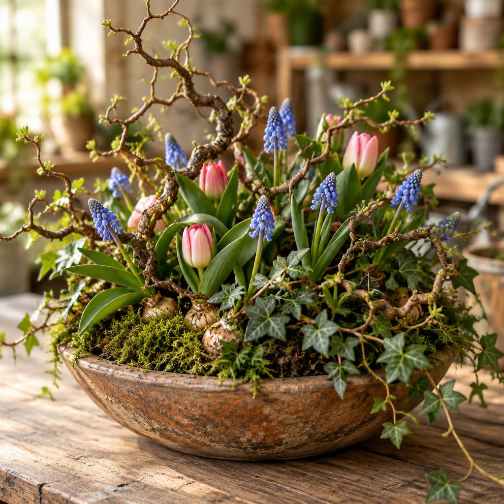 Naturgesteck aus Korkenzieherhasel, Moos, Efeu und Zwiebelblumen