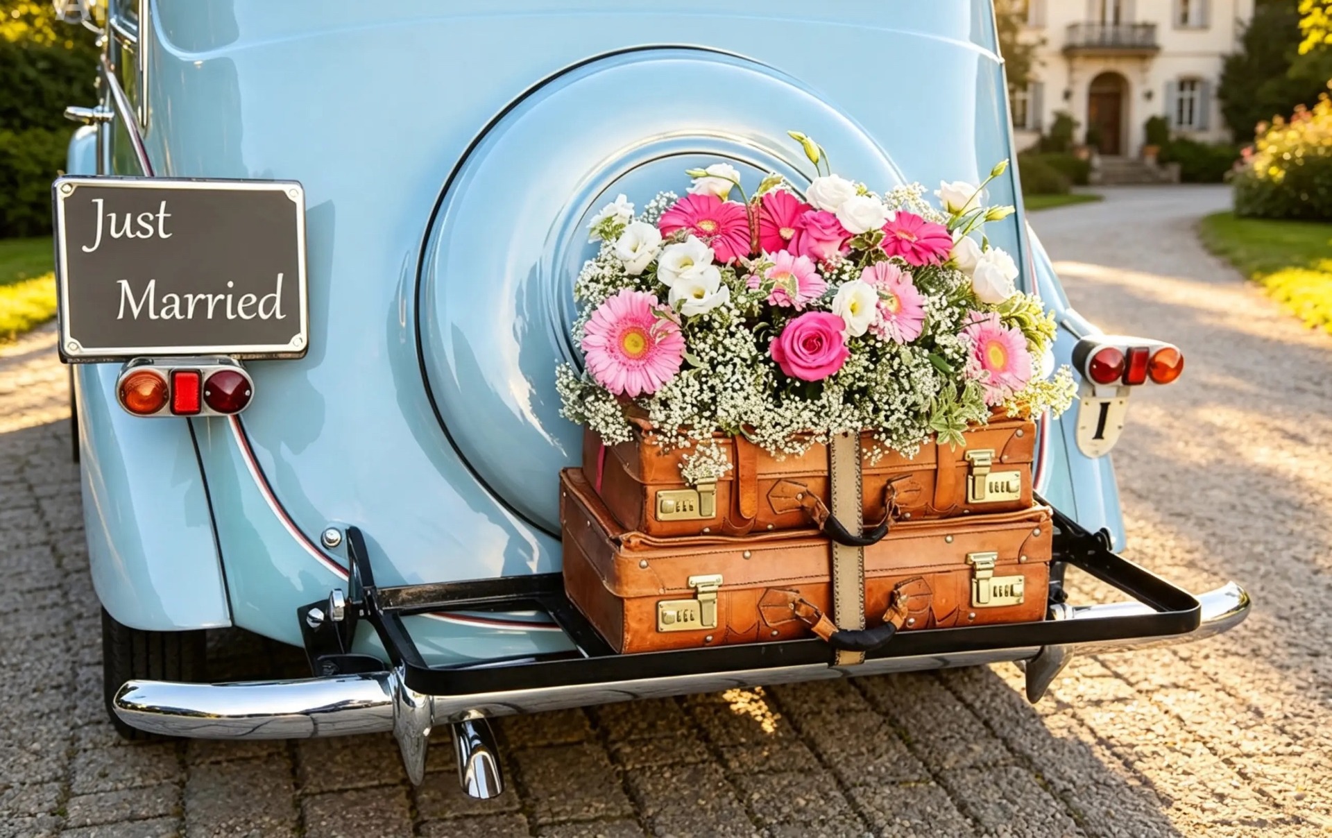 Vintage-Koffer mit rosa und weißen Blumen am Heck eines hellblauen Oldtimers