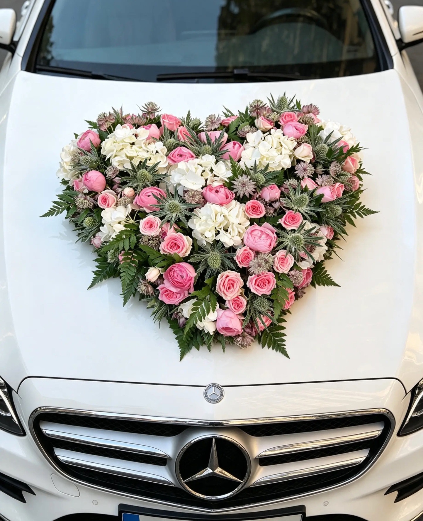 Rosa-weißer herzförmiger Blumenschmuck auf einer weißen Motorhaube