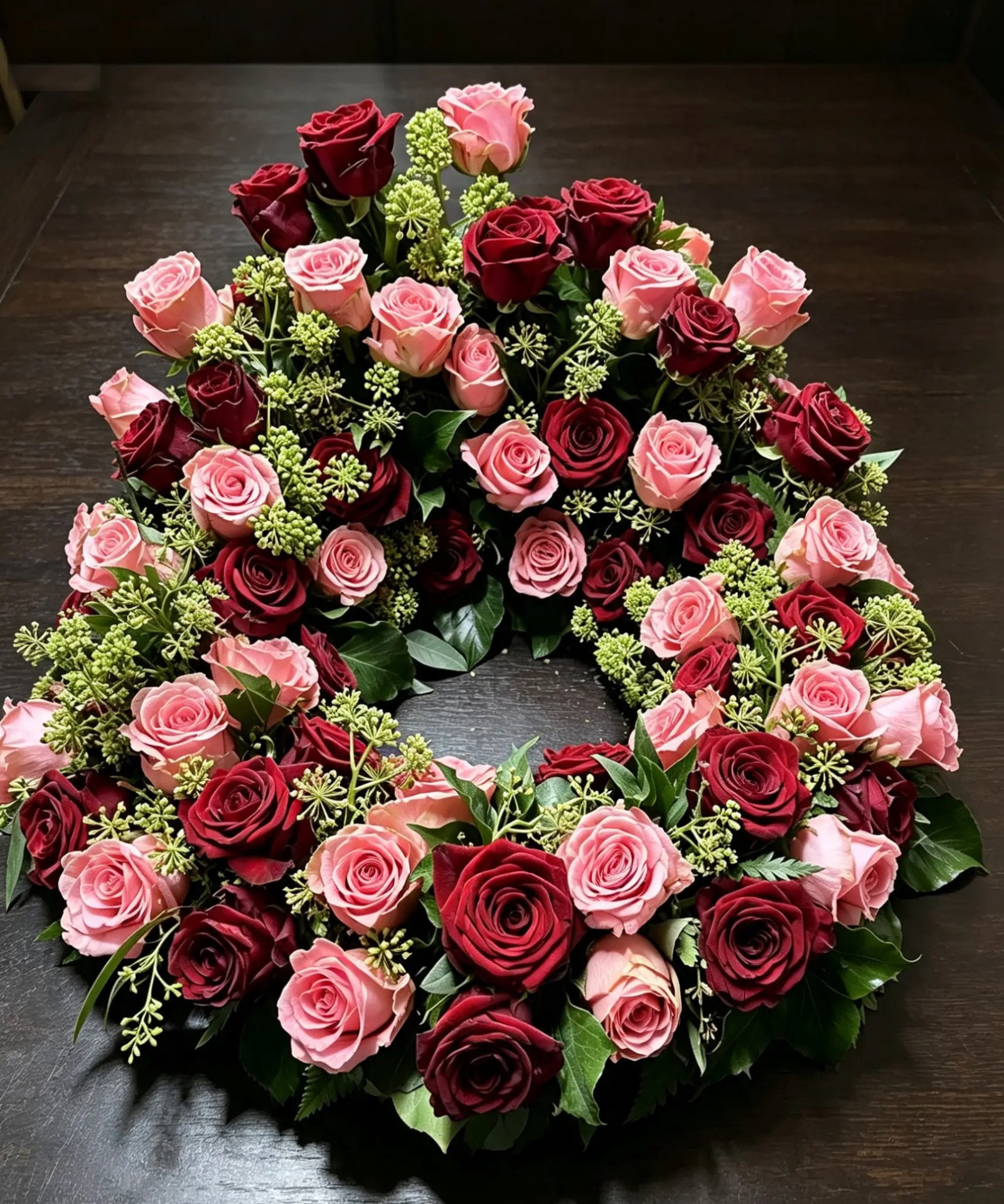 Erhöhter Urnenkranz aus rosa und burgunderfarbenen Rosen ohne Urne