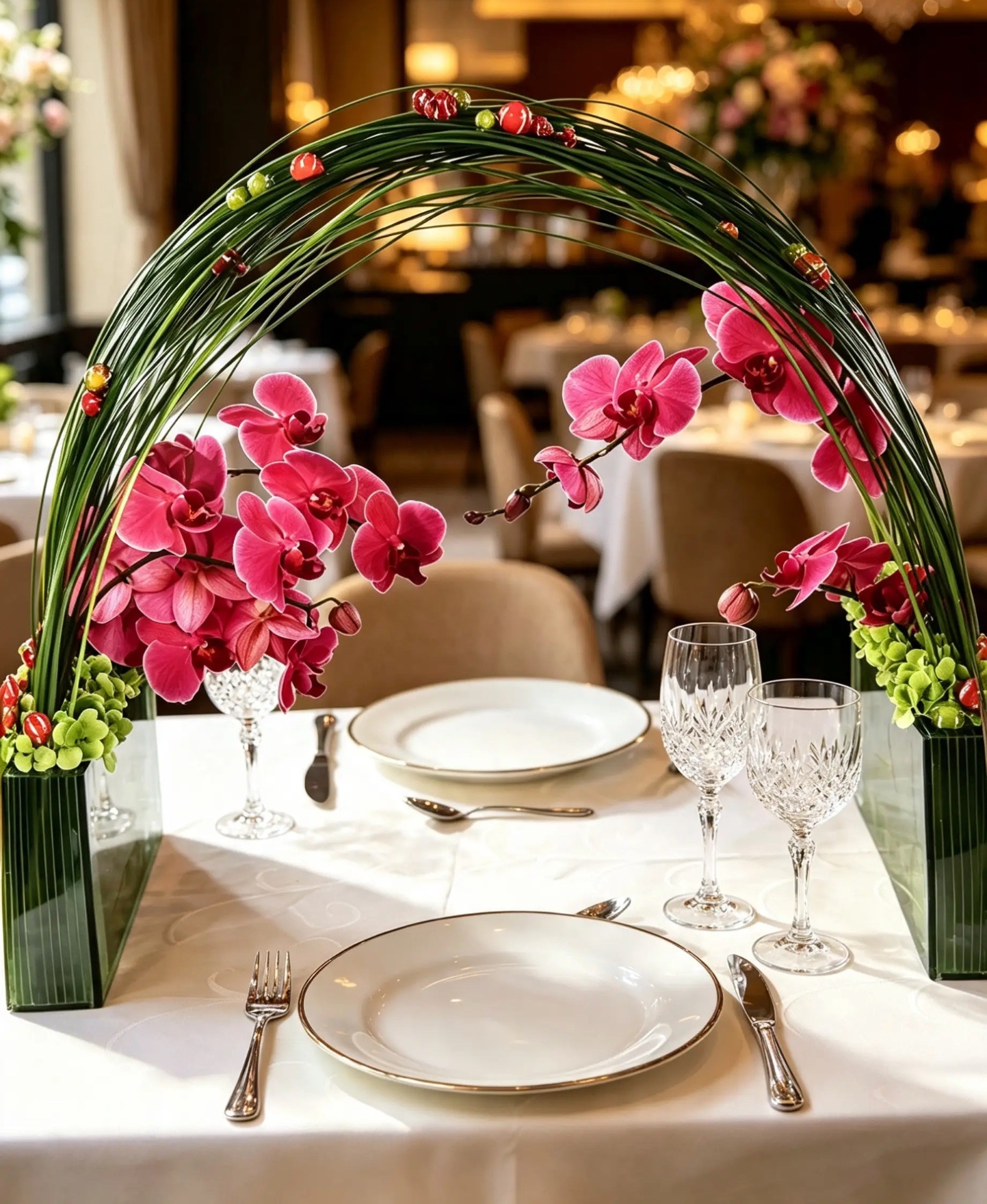 Moderner floraler Tischbogen aus pinkfarbenen Orchideen und filigranen Gräsern