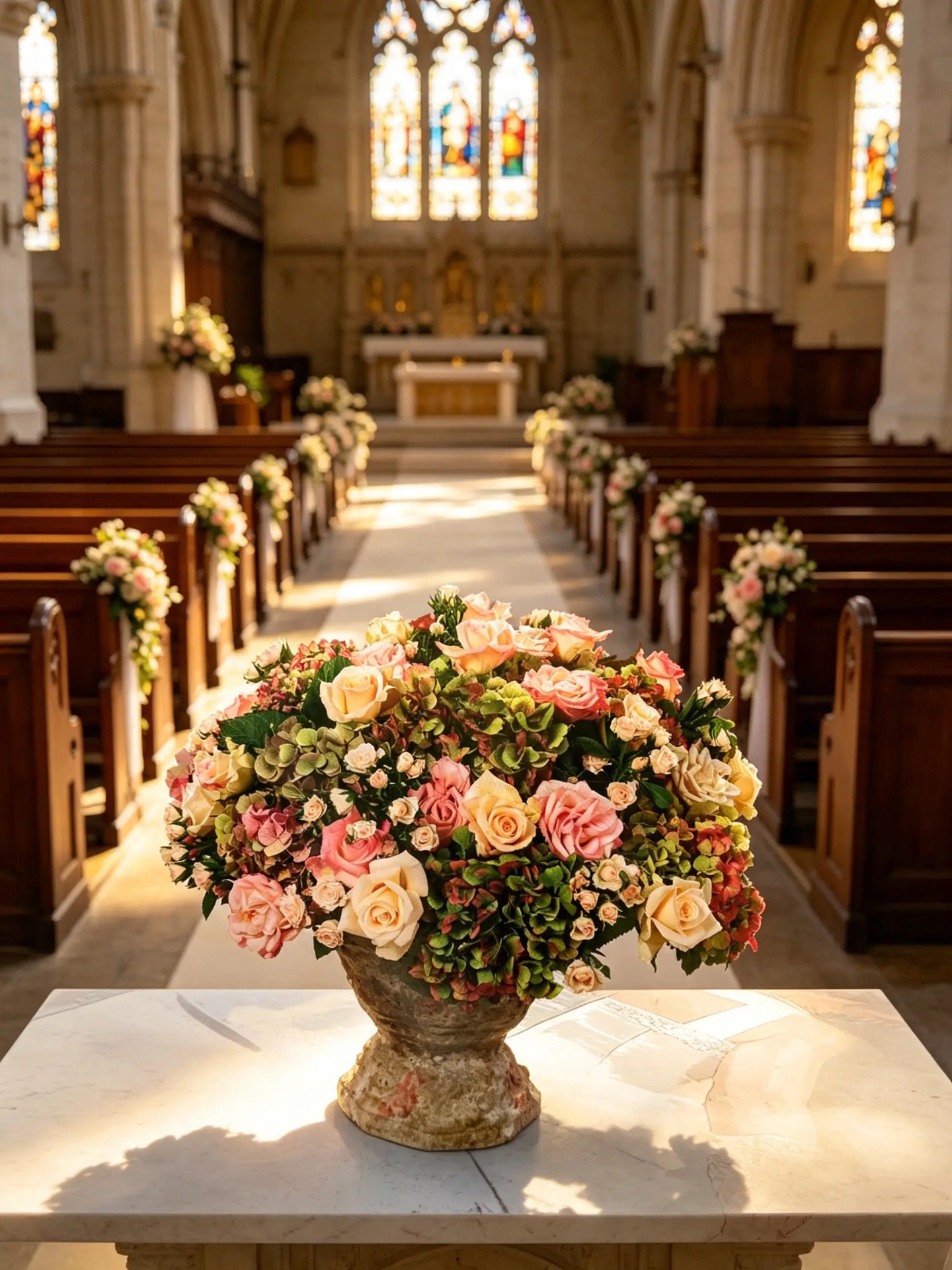 Kirchliche Hochzeitsdekoration mit üppigem Arrangement aus Rosen und Hortensien
