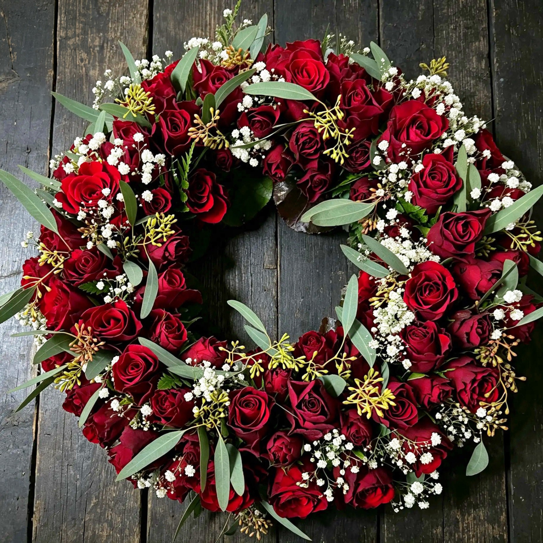 Trauerkranz aus roten Rosen mit Schleierkraut und Efeu