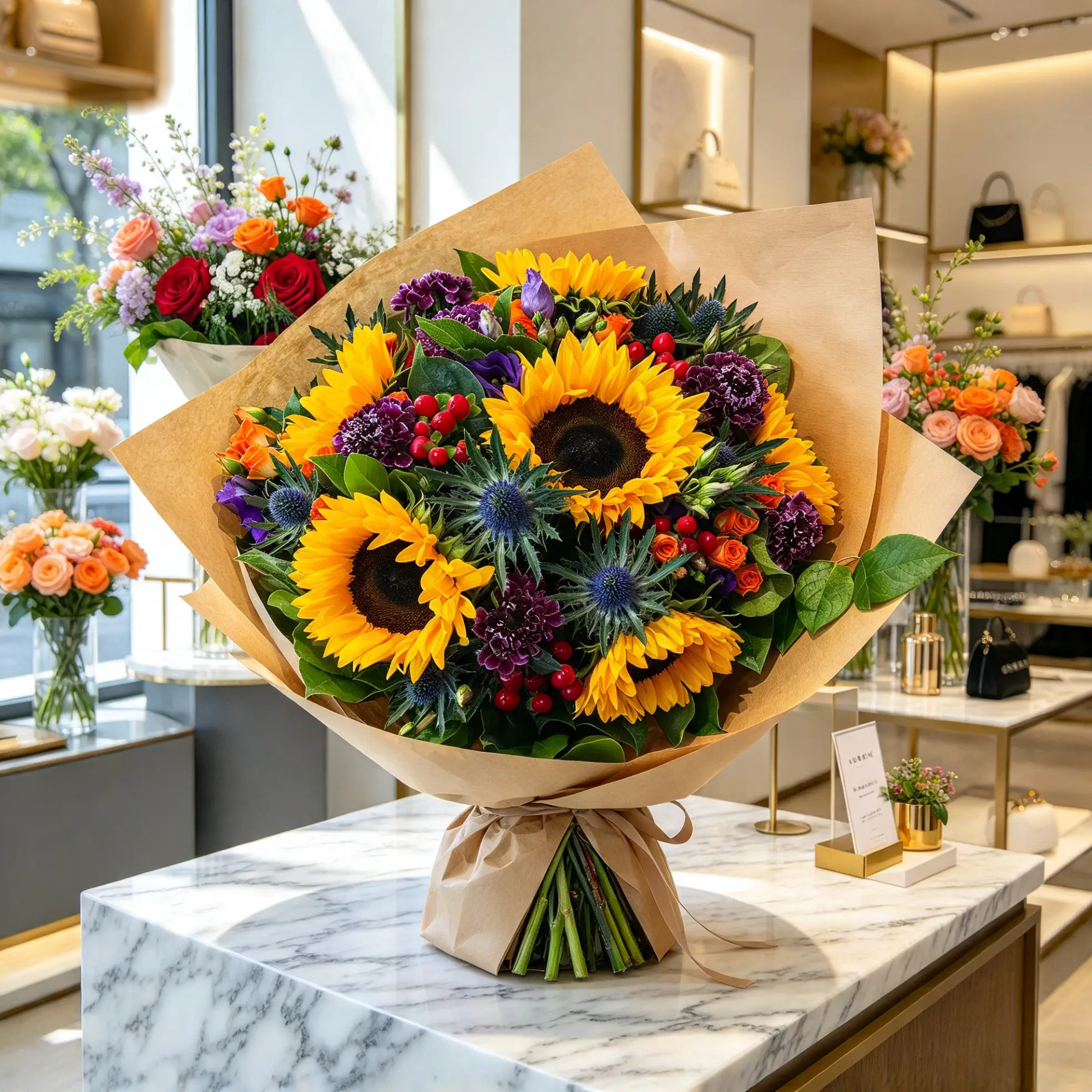 Großer Strauß mit Sonnenblumen, purpurnen Nelken und orangefarbenen Rosen in braunem Papier