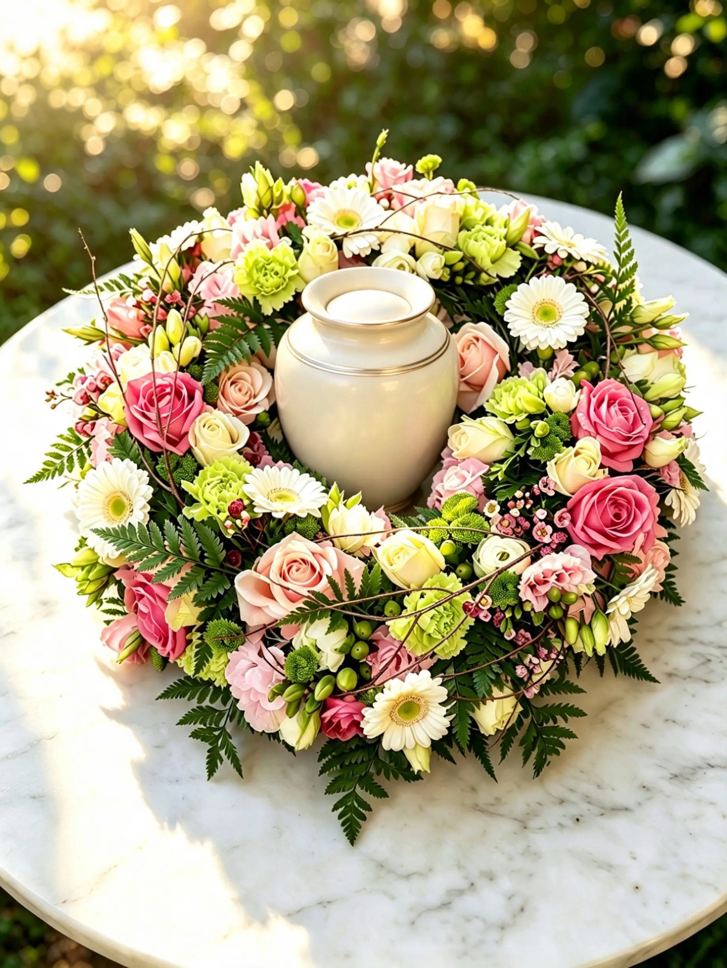 Urnenkranz in Rosa und Weiß mit Rosen und Gerbera