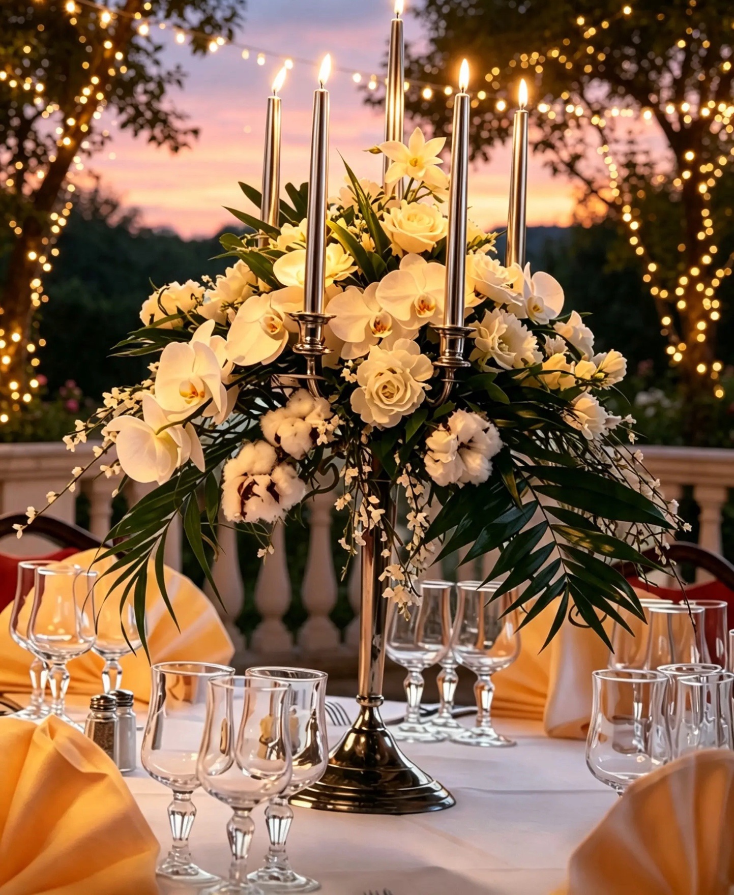 Hoher festlicher Kerzenleuchter mit weißen Rosen und Orchideen für eine Abendtafel