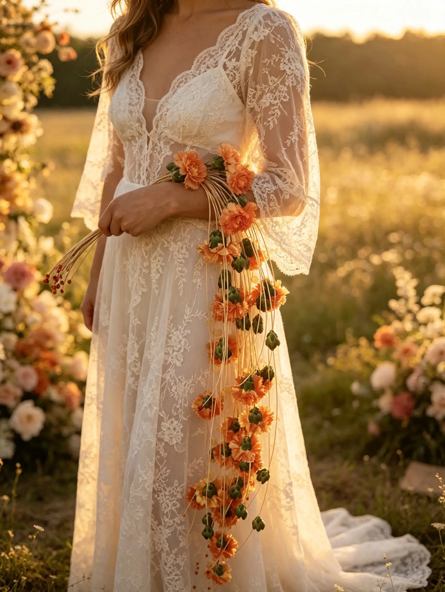 Langer Brautschmuck aus orangefarbenen Blüten vor einem Spitzenkleid