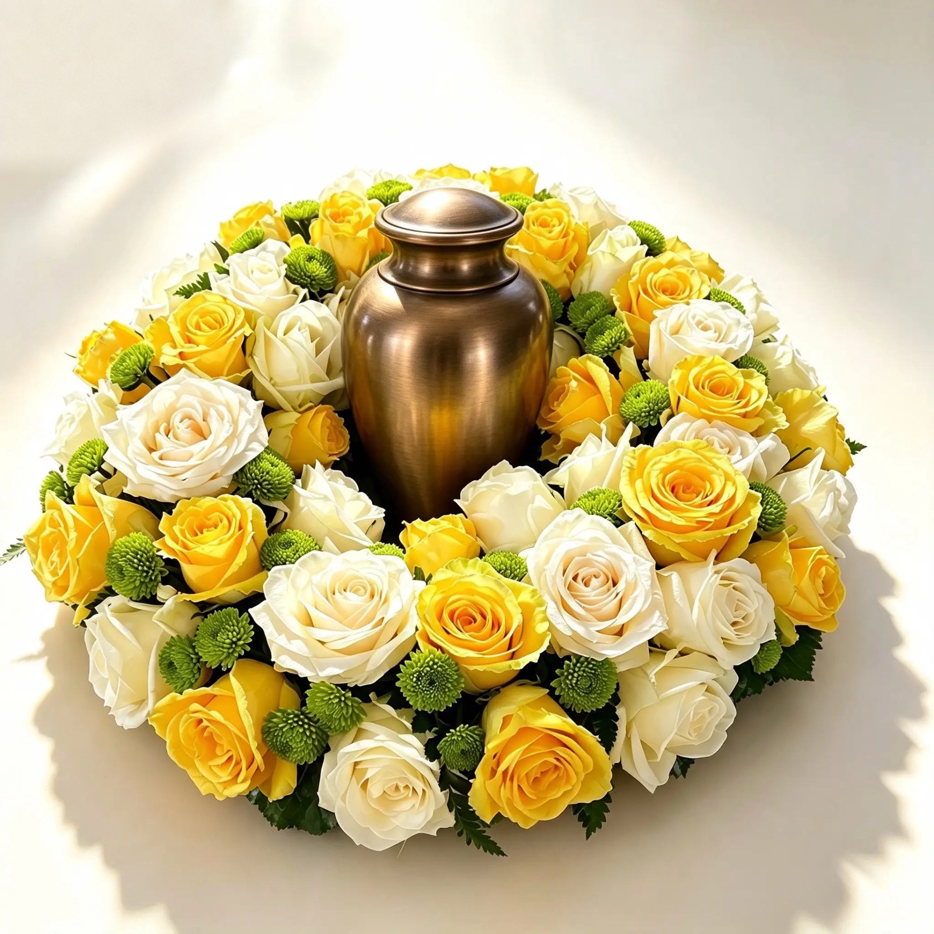 Urnenkranz in Gelb und Weiß mit grünen Chrysanthemen