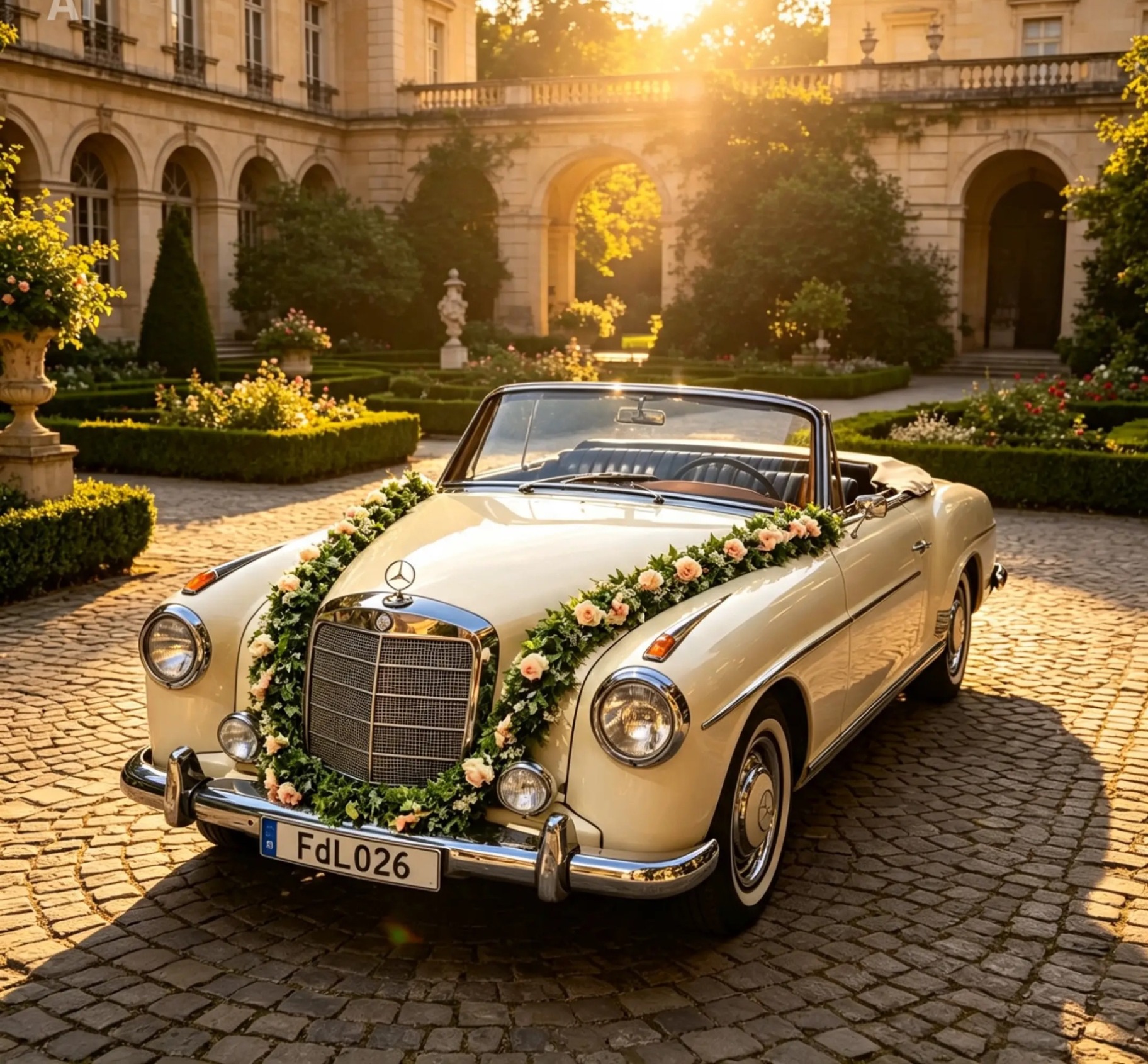 Blumengirlande aus apricotfarbenen Rosen und Grün an einem cremefarbenen Oldtimer