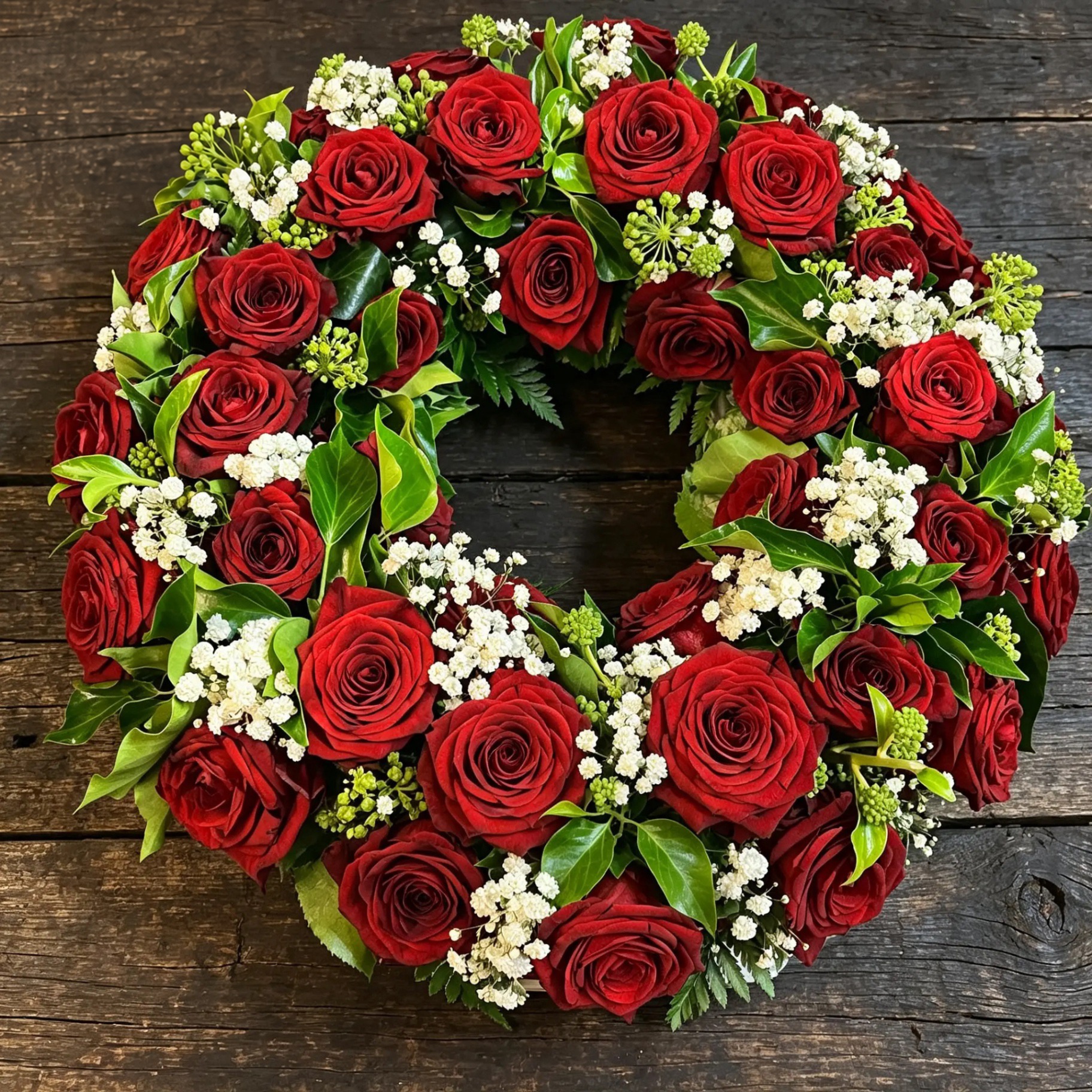 Trauerkranz aus roten Rosen mit Schleierkraut und Efeu