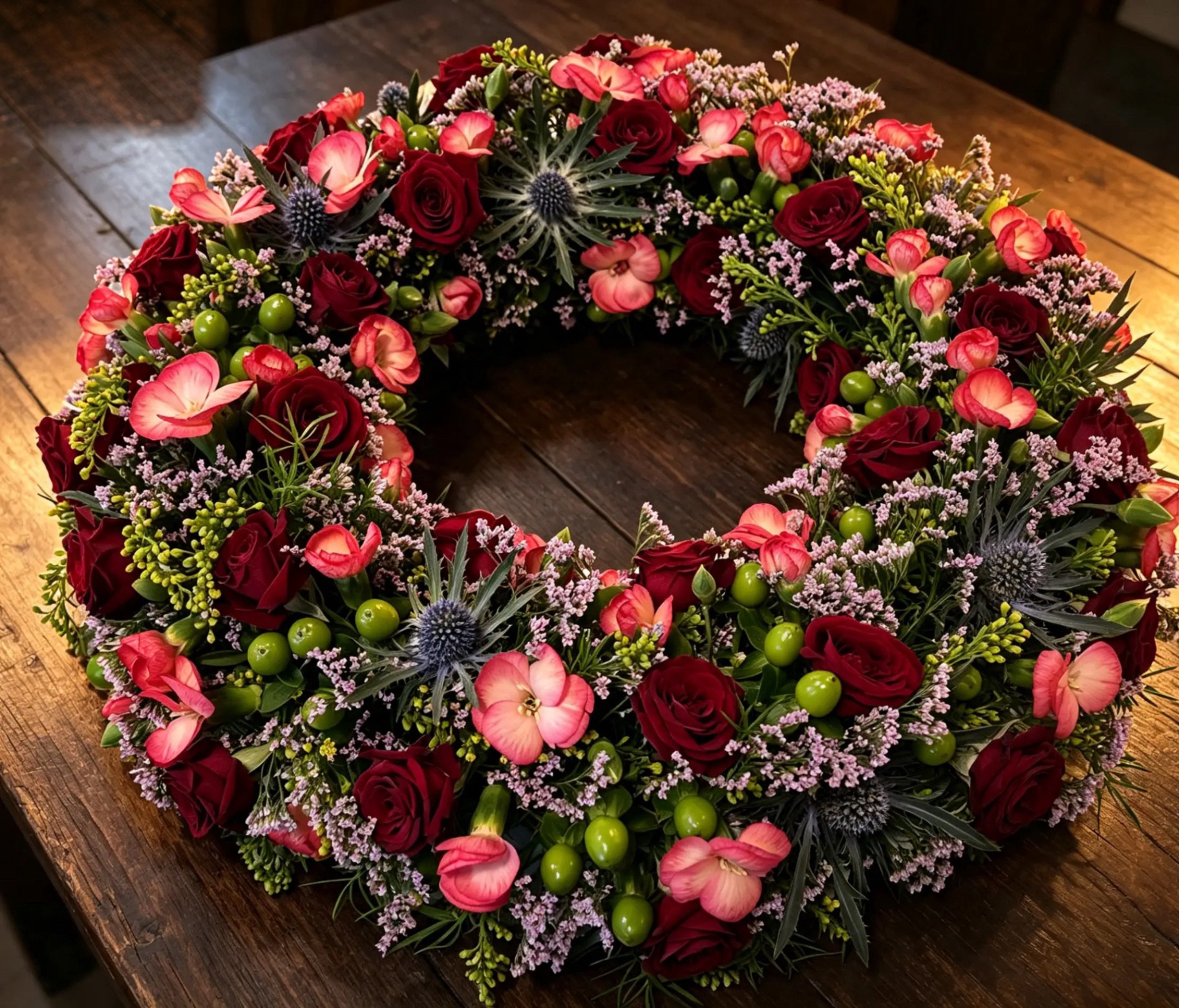 Trauerkranz aus dunkelroten Rosen und lachsfarbenen Blüten mit Disteln und grünen Beeren