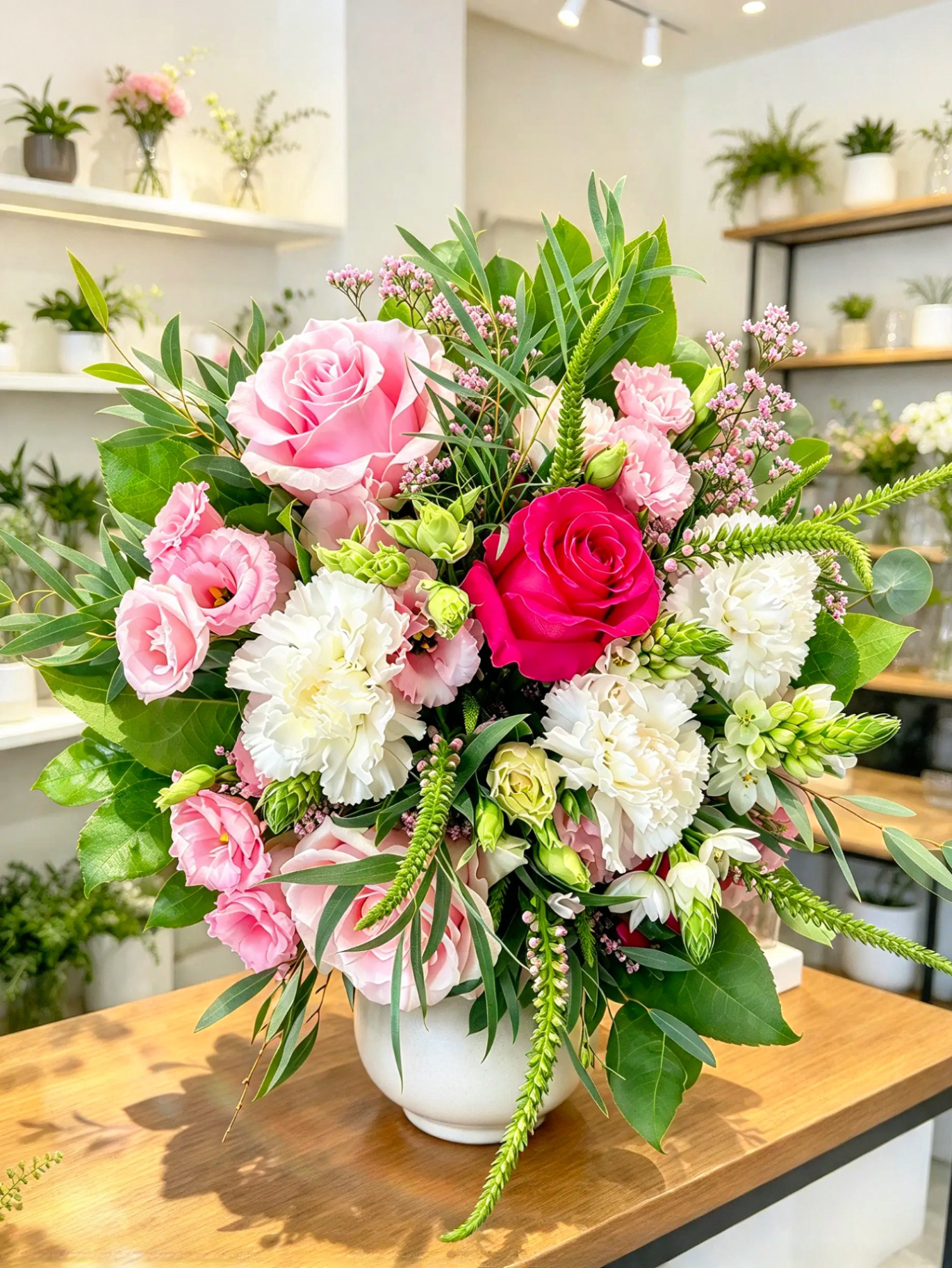 Rund gebundener Strauß mit rosa und pinken Rosen und weißen Nelken in einer Vase