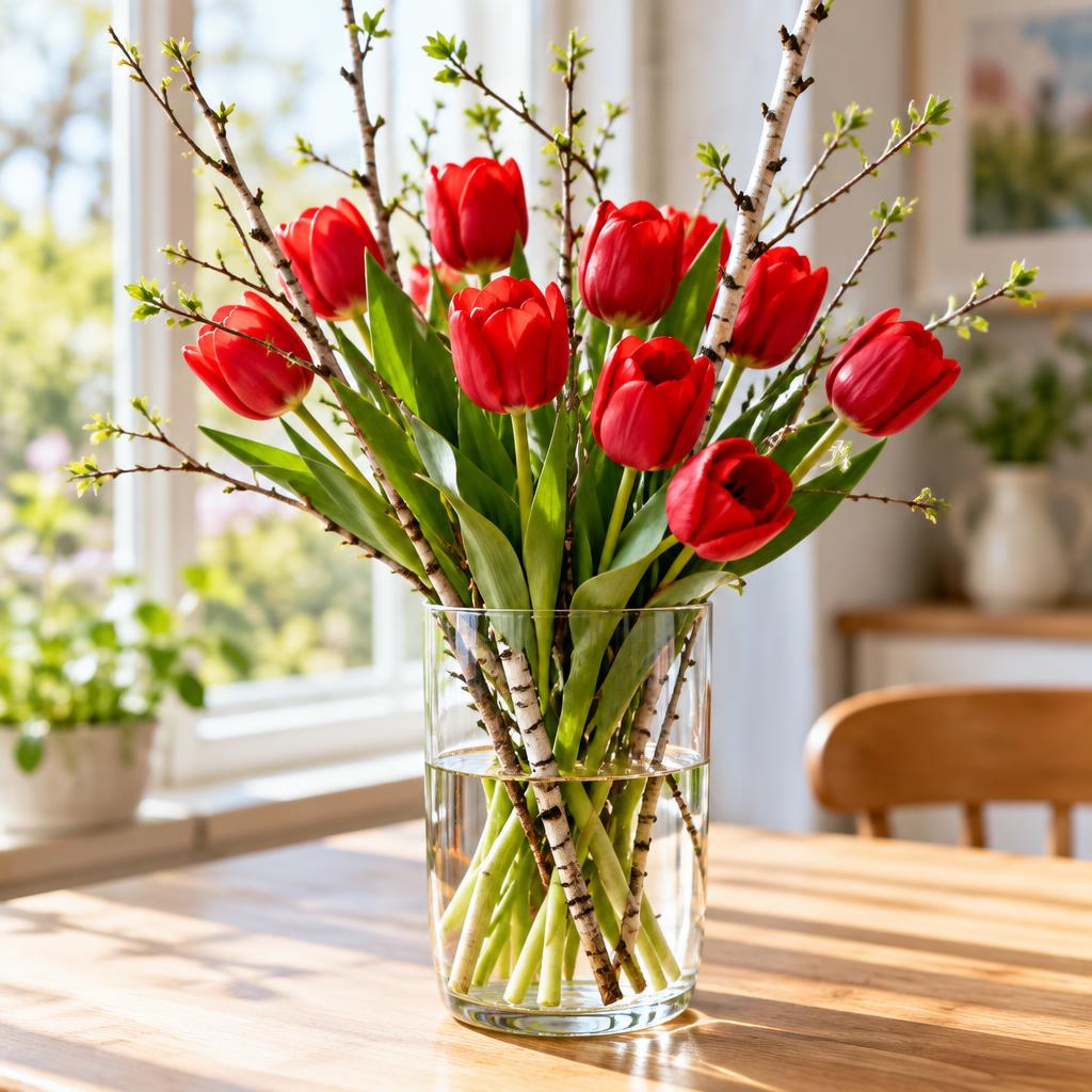 Rote Tulpen mit Birkenzweigen in Glasvase
