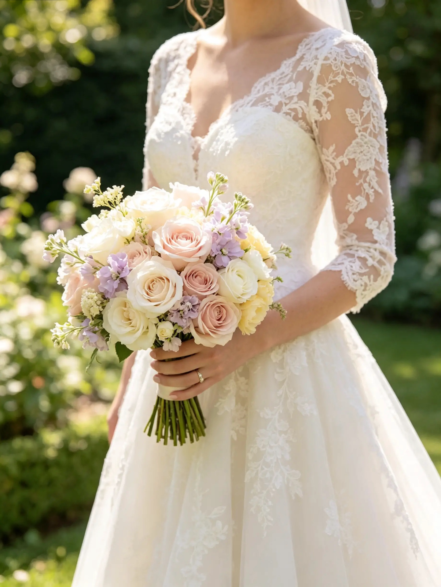 Runder Brautstrauß aus cremefarbenen und altrosa Rosen mit zartlila Blüten