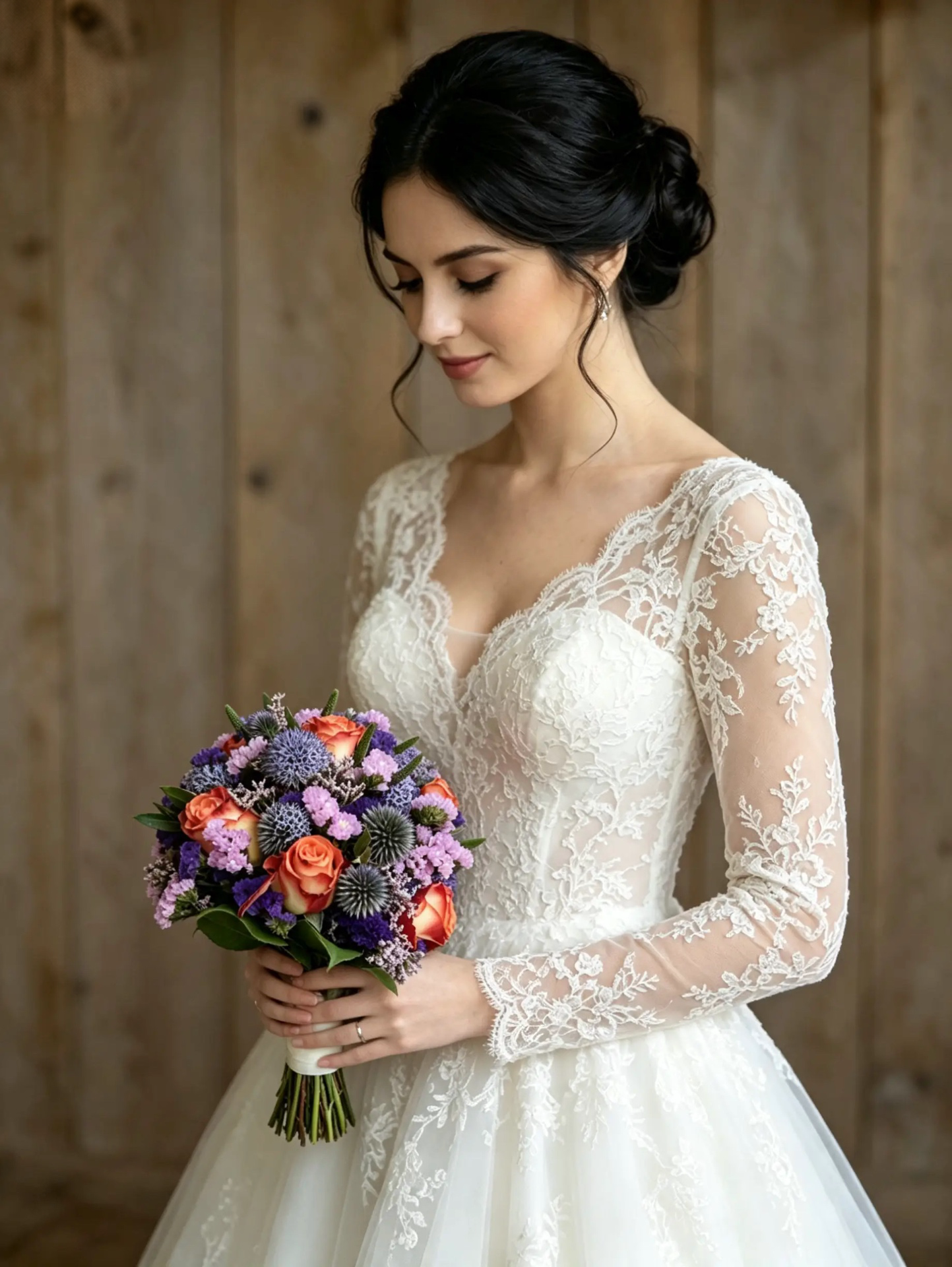 Braut mit rundem Strauß aus violetten Disteln und apricotfarbenen Rosen
