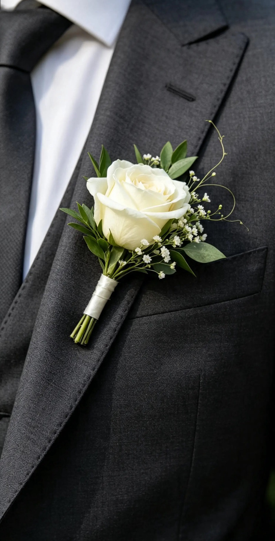 Klassischer Anstecker aus weißer Rose, Schleierkraut und Grün