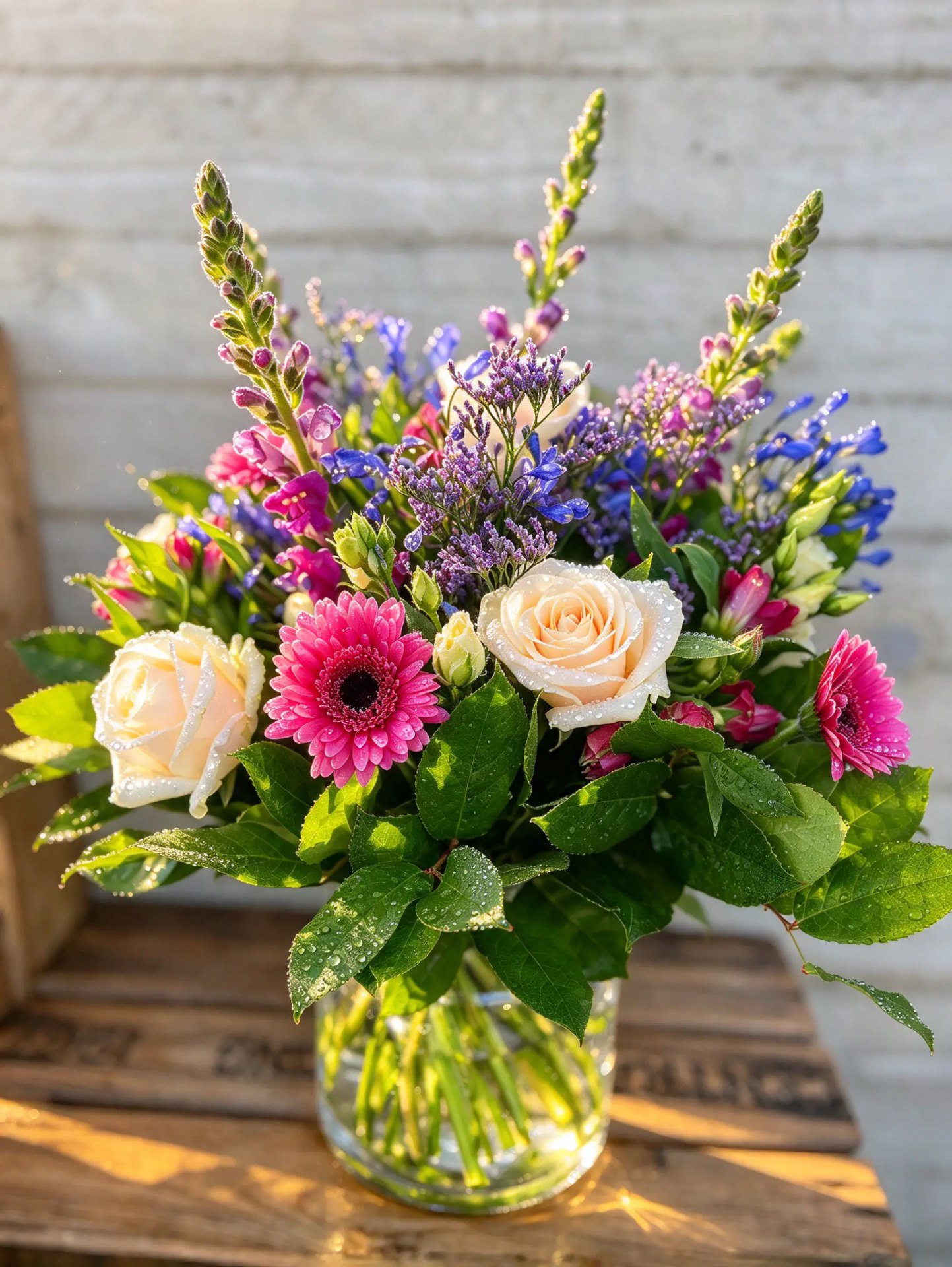 Rund gebundener sommerlicher Strauß mit Rosen, Gerbera und blauen Blüten im Glas