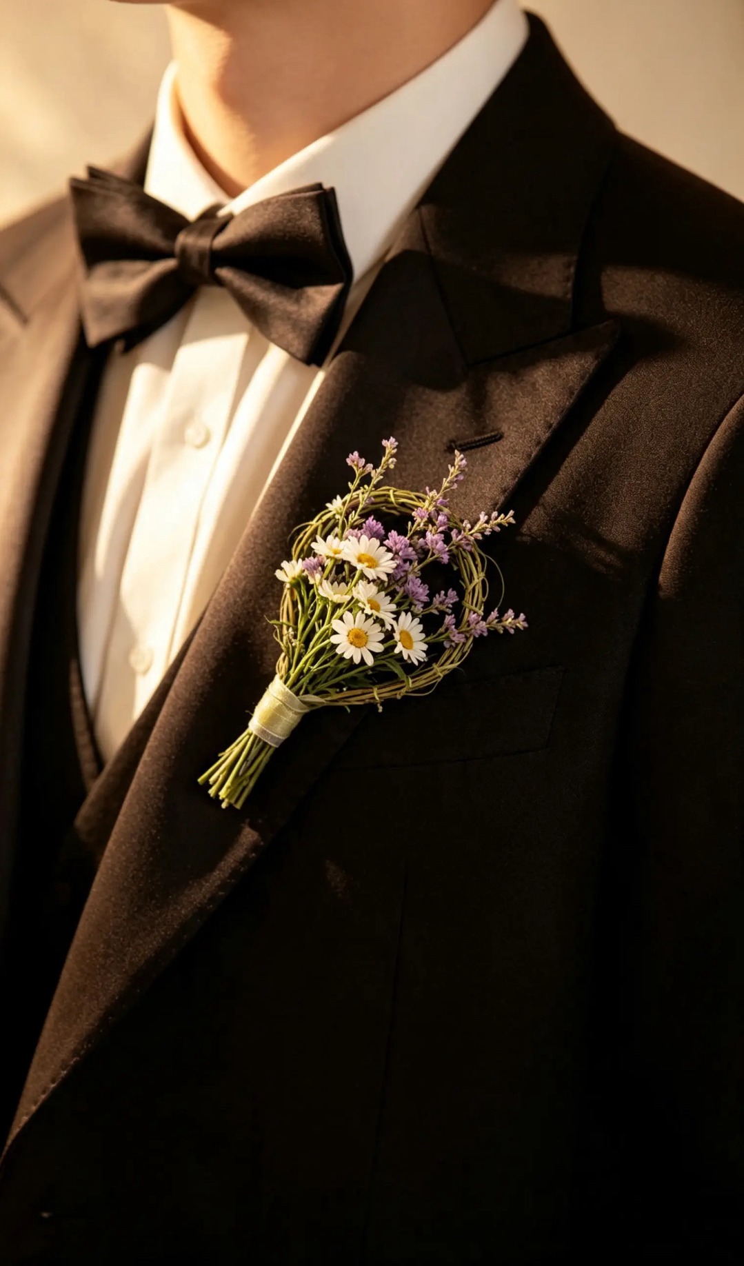 Verspielter Anstecker aus Margeriten und violetten Blüten im Rankenkranz
