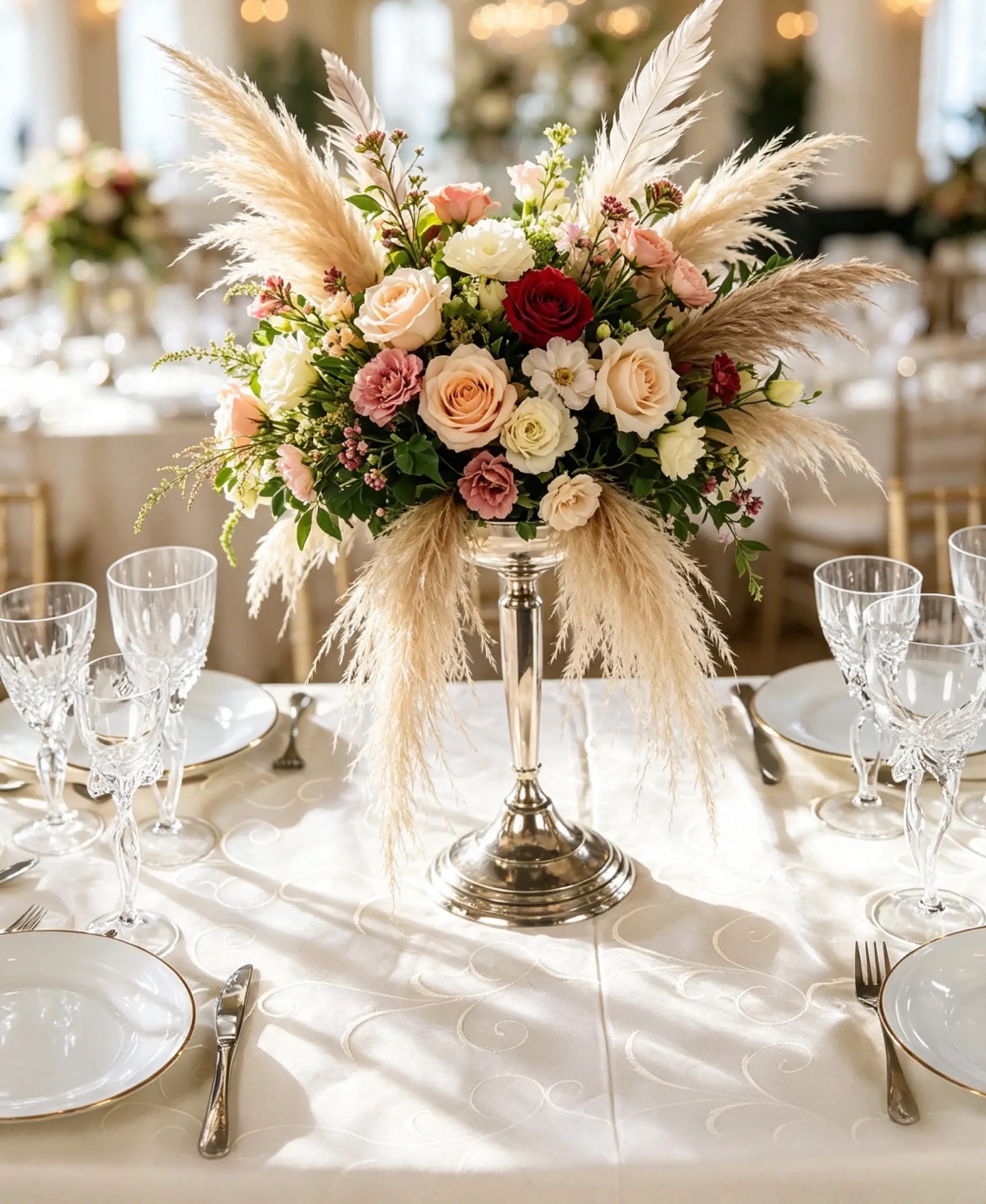 Üppiges erhöhtes Tischarrangement mit Rosen und Pampasgras in Creme und Altrosa
