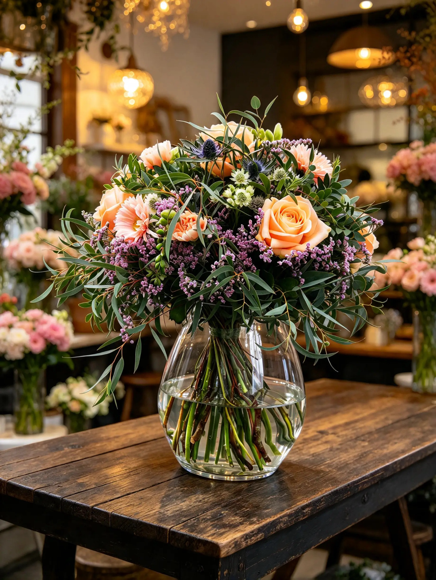 Großer runder Strauß mit pfirsichfarbenen Rosen, rosa Gerbera und blauem Mannstreu im runden Glas