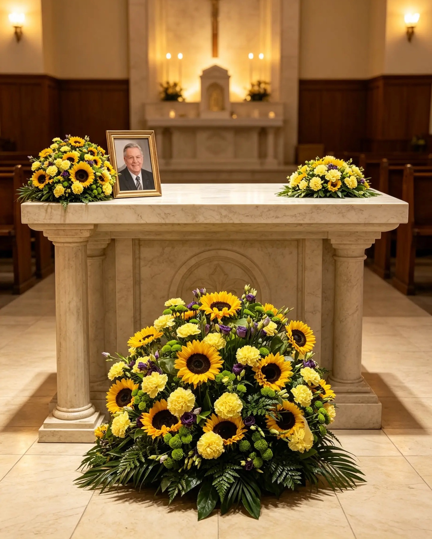 Kirchenschmuck mit Sonnenblumen und gelben Blüten am Altar