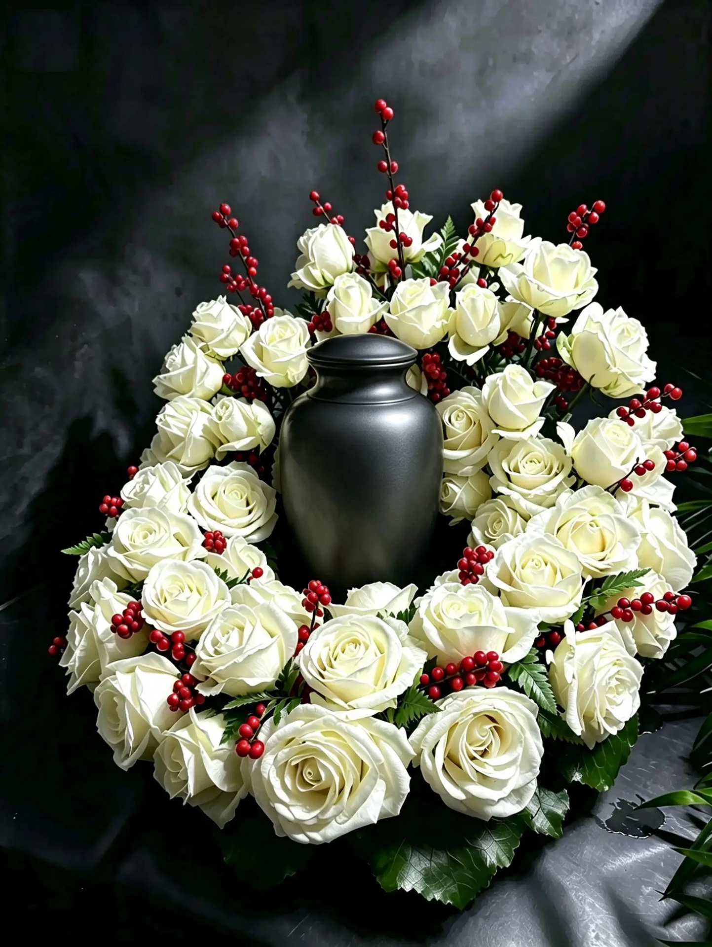 Erhöhter Urnenkranz aus weißen Rosen und roten Beeren mit schwarzer Urne