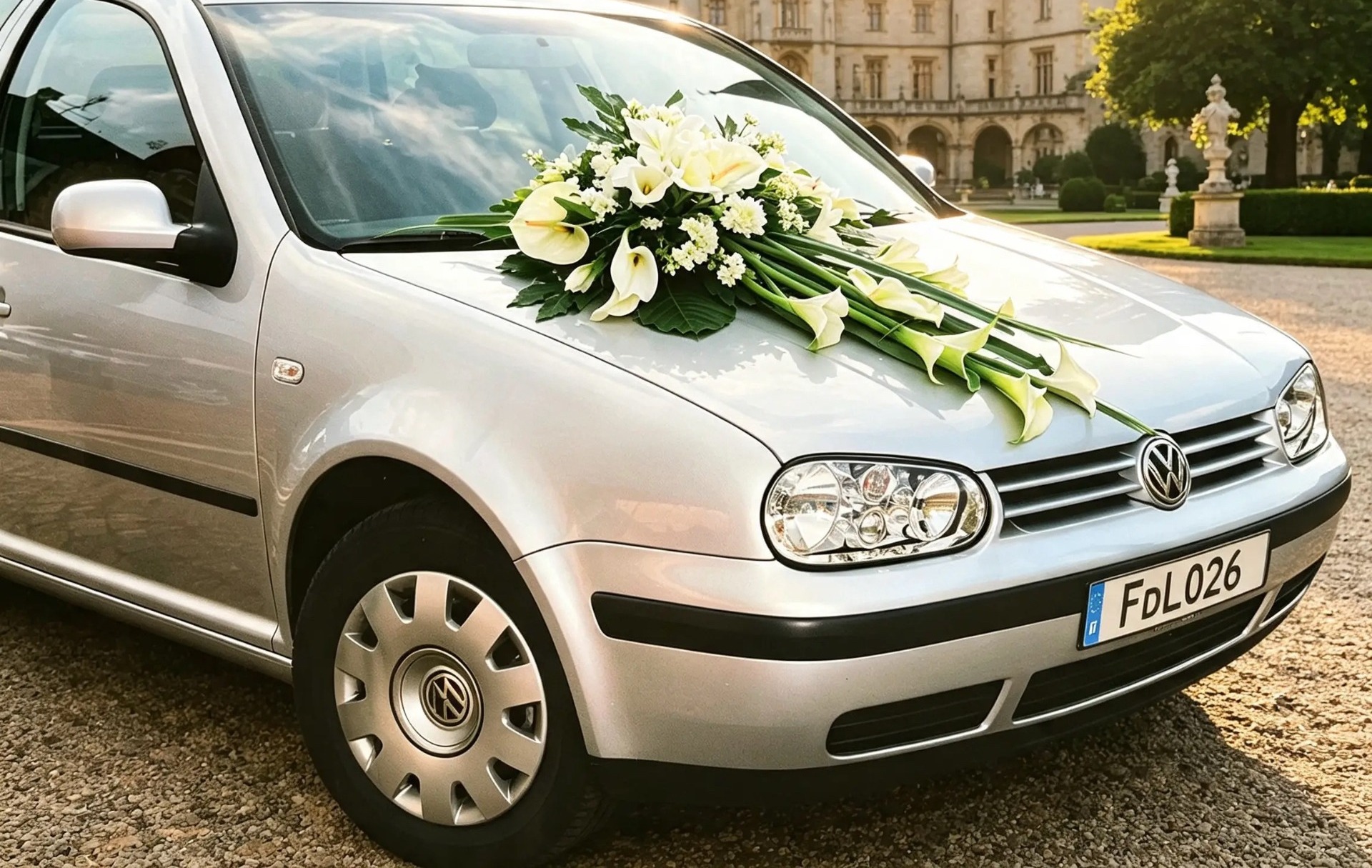 Länglicher weiß-grüner Calla-Schmuck auf einem silbernen Hochzeitsauto