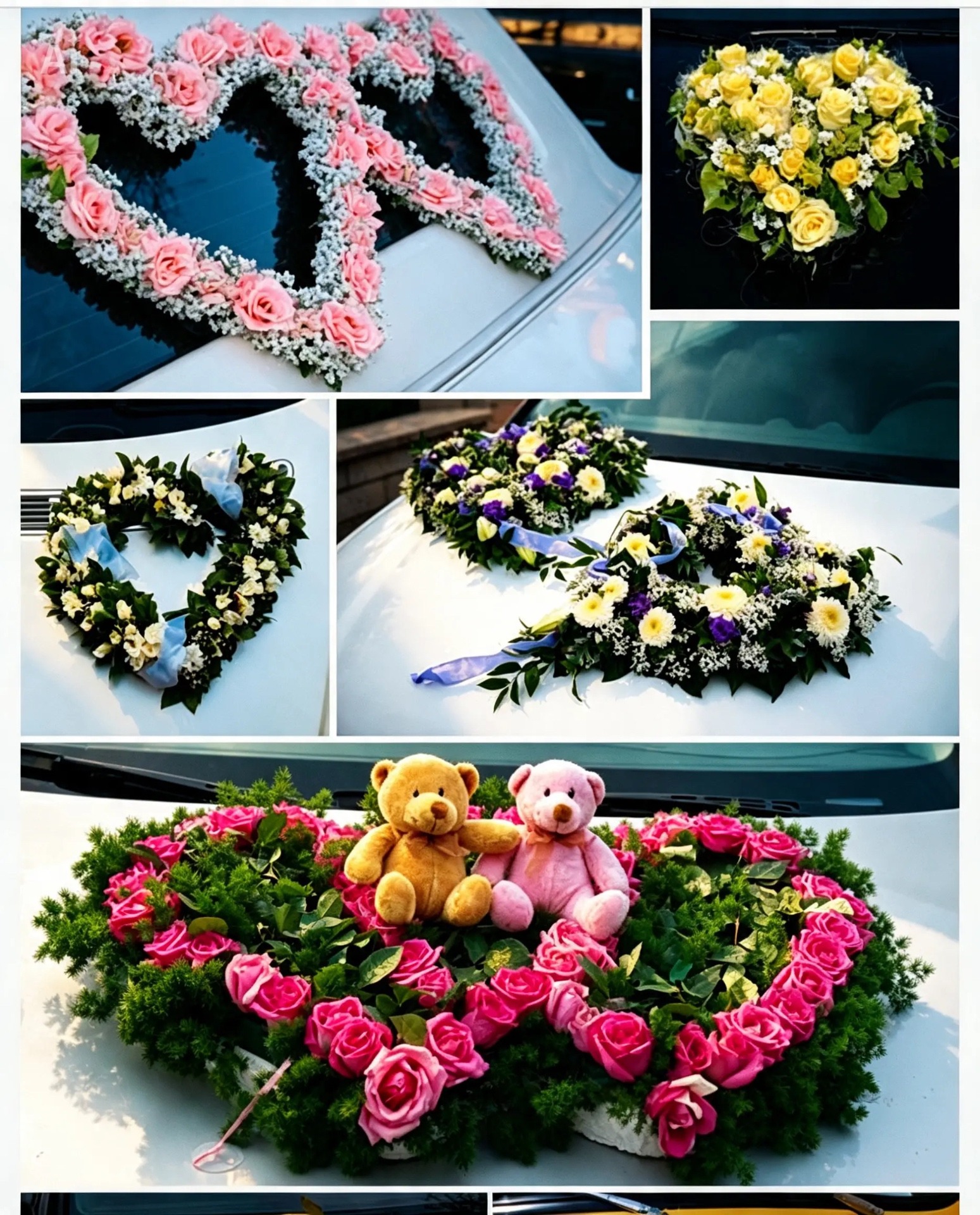 Verschiedene herzförmige Autoschmuck-Arrangements in Rosa, Gelb, Weiß und Violett