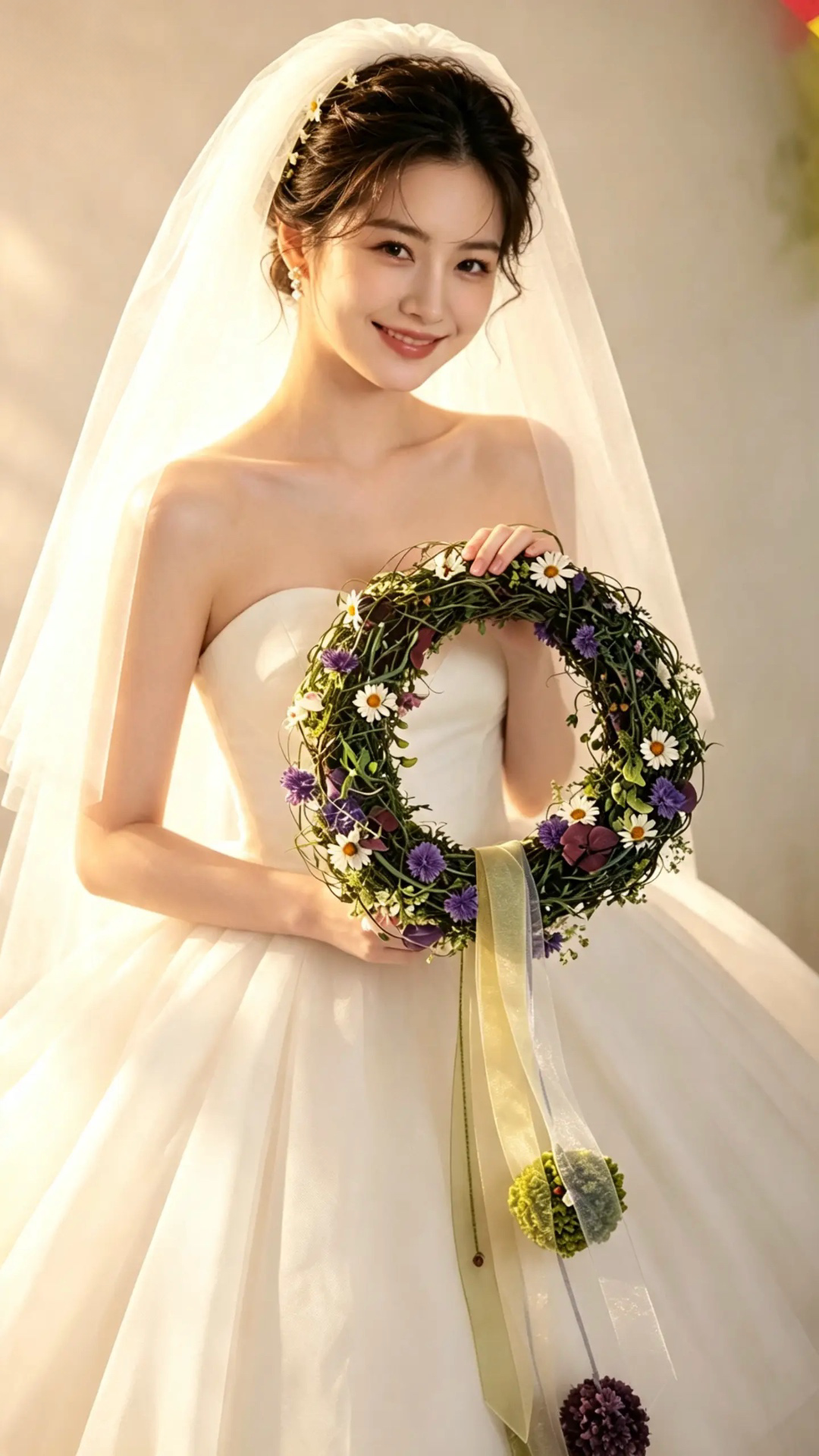 Braut mit natürlichem Blumenkranz aus Margeriten und violetten Blüten
