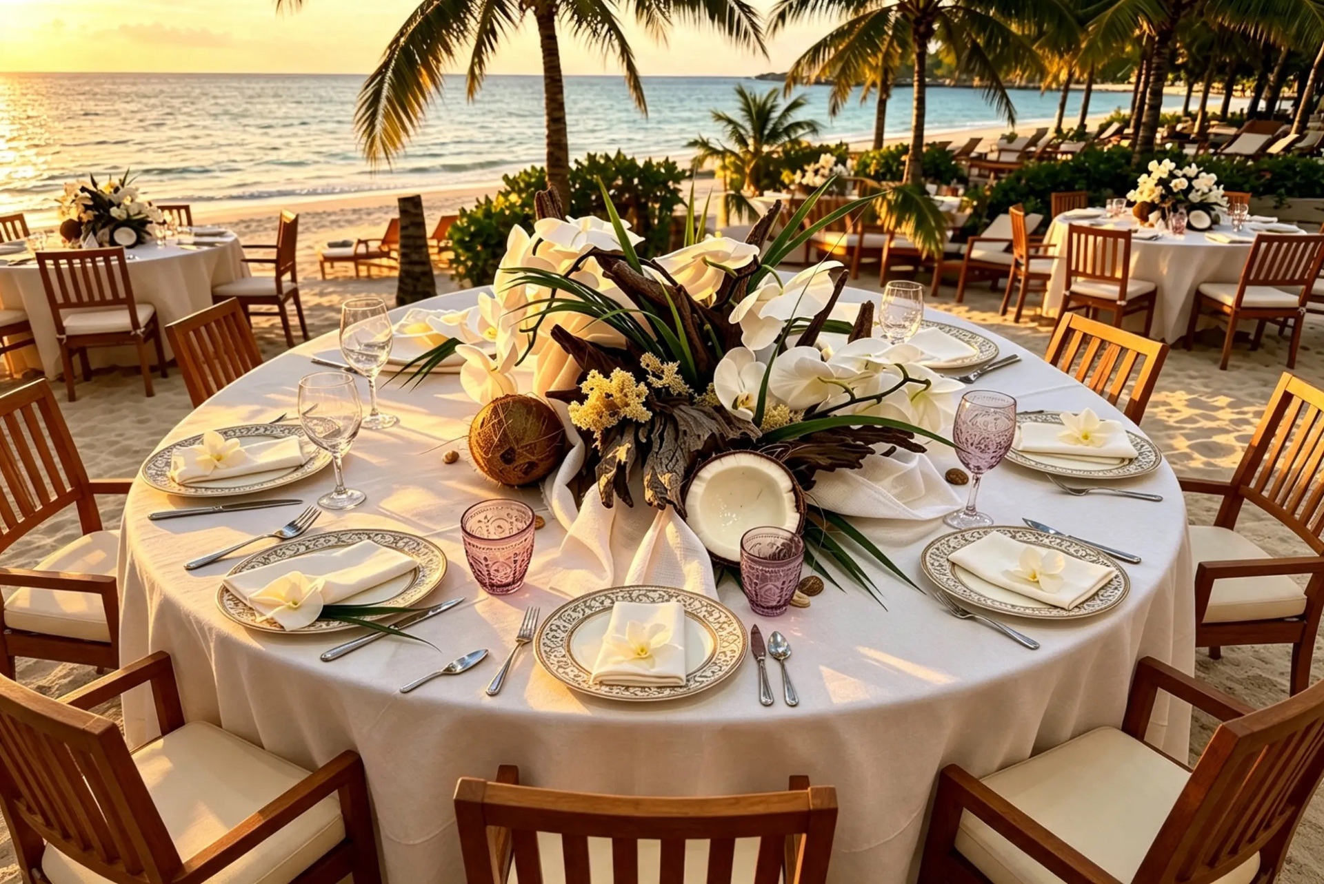Elegante Tischdekoration mit weißen Orchideen und Naturmaterialien bei einer Hochzeit am Strand